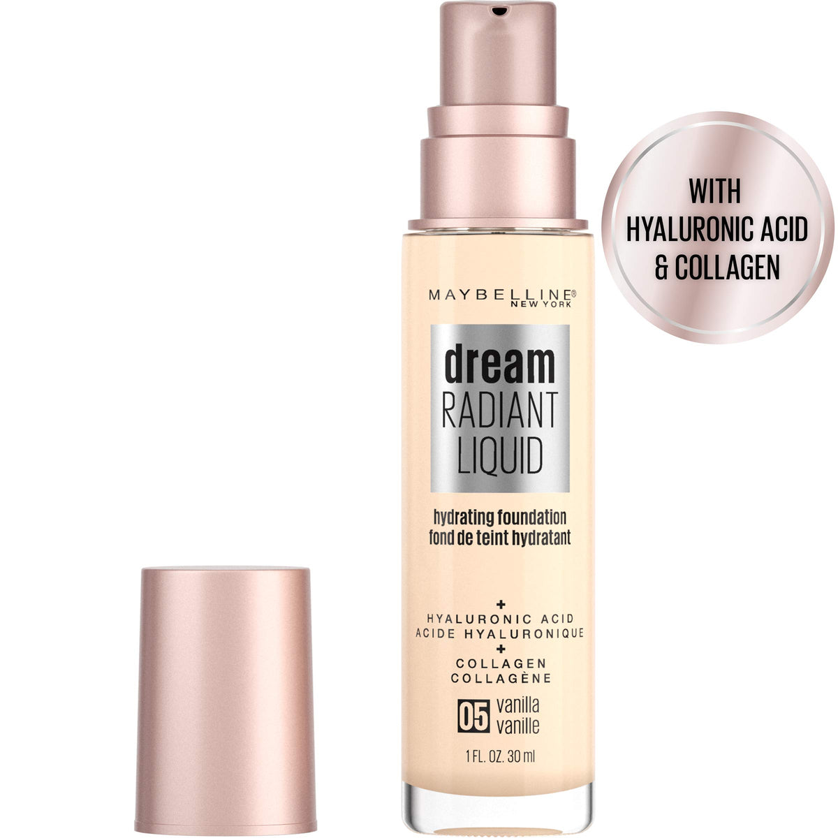 Maybelline Dream Radiant Liquid Medium Coverage Hydrating Makeup, Lightweight Liquid Foundation, Vanilla, 1 Fl; Oz