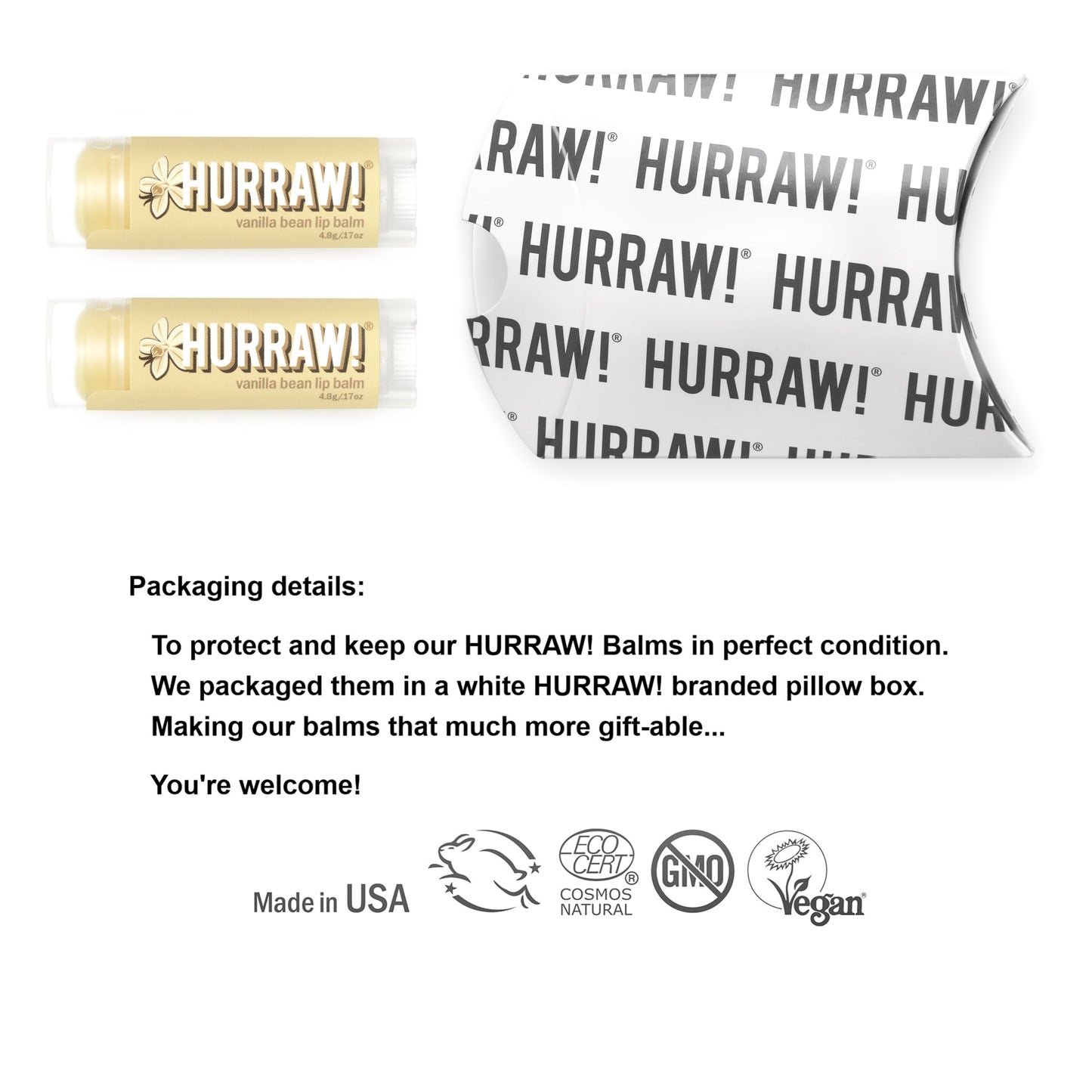 Hurraw! Vanilla Bean Lip Balm, 2 Pack: Organic, Certified Vegan, Cruelty and Gluten Free. Non-GMO, 100% Natural Ingredients. Bee, Shea, Soy and Palm Beauty & Personal Care HURRAW!