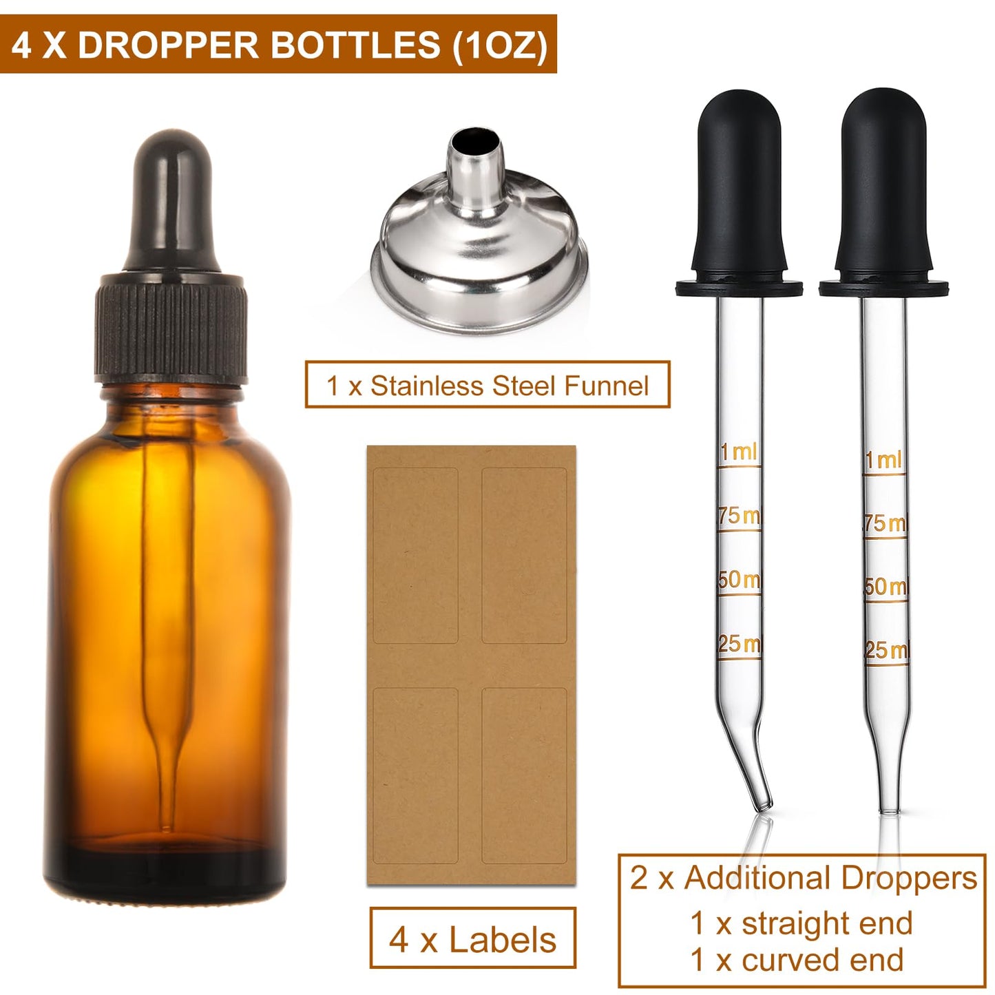 4 Pack, 1 oz Amber Glass Dropper Bottles Plus 2pcs Graduated Calibrated Glass Pipettes (1ml)- 30ml Dark Brown Tincture Bottles with Eye Droppers Beauty and Personal Care AOZITA