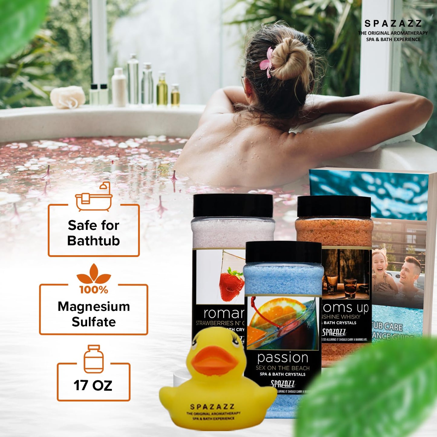 Spazazz Set The Mood Aromatherapy Bath Salts Bundle - 3-Pack (17oz Each) Passion, Romance & Bottoms Up Relaxing Bath Salt Crystals with Rubber Duck Beauty and Personal Care Spazazz