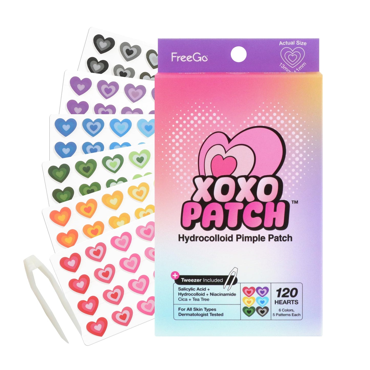 FreeGo XOXO Hydrocolloid Pimple Patch 120 Counts | Cute Colorful Heart Shape | Salicylic Acid, Niacinamide, CICA, Tea Tree | Made in Korea Beauty & Personal Care FreeGo