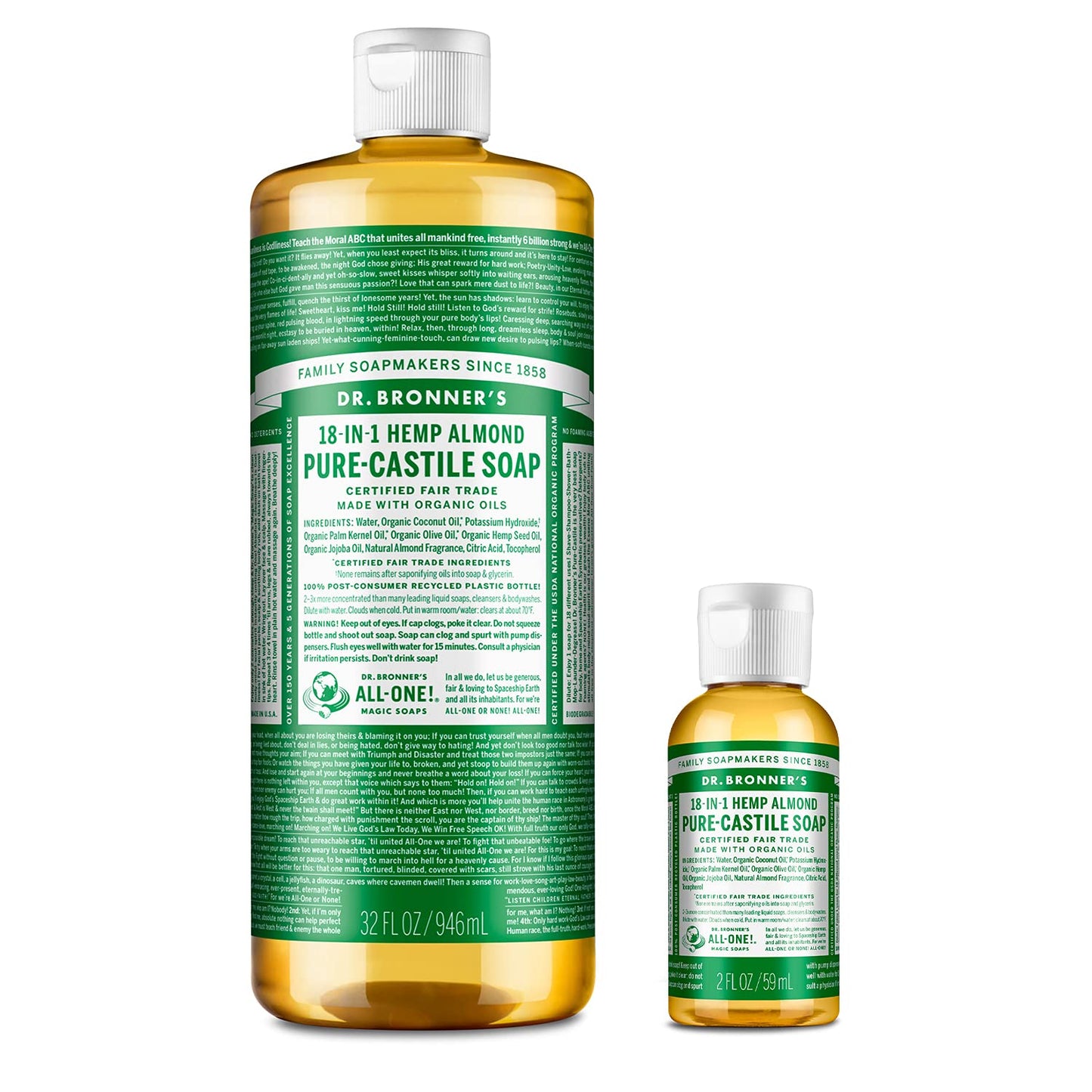 Dr. Bronner's Pure-Castile Liquid Soap - Almond Bundle. 32 oz. Bottle and 2 oz. Travel Bottle Beauty & Personal Care Dr. Bronner's