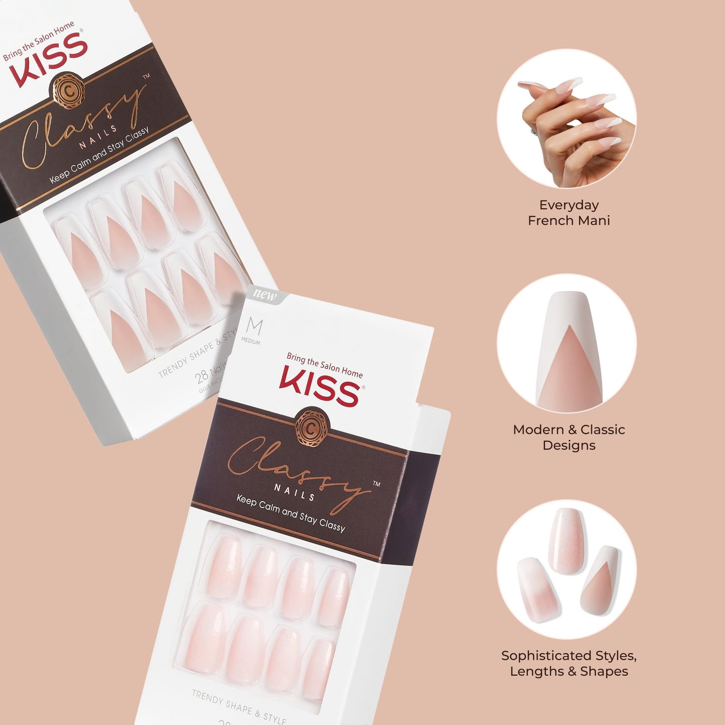 KISS Classy French Nail Manicure Kit with Gel Finish,Medium,Coffin Shaped,Includes Pink Nail Glue (Net Wt. 2 g / 0.07oz.),Mini Nail File,Manicure Beauty & Personal Care KISS
