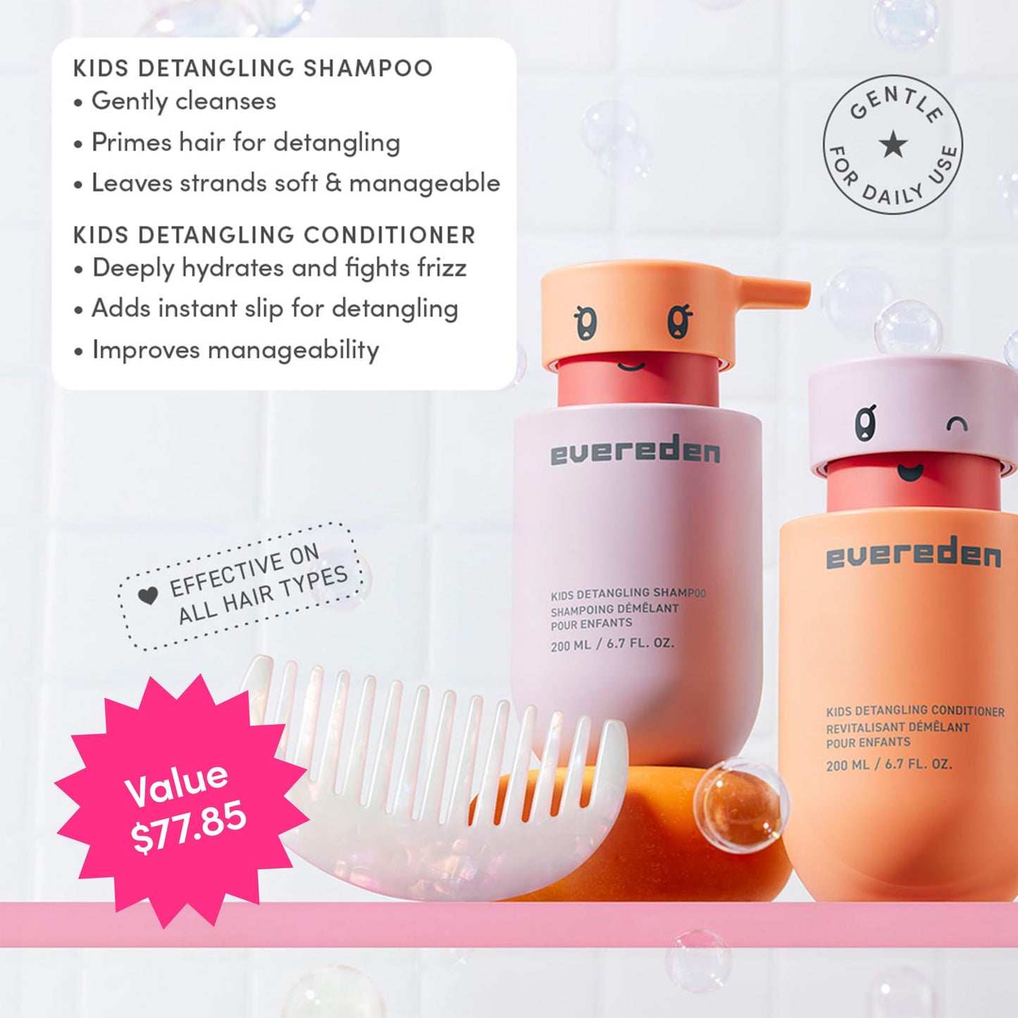 Evereden Happy Hair Duo for Kids: Vegan Shampoo and Conditioner Set with Detangler Brush - Strengthens & Smooths All Hair Types Beauty & Personal Care Evereden