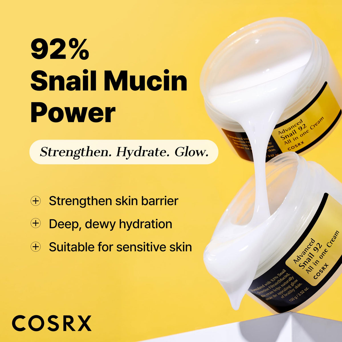 COSRX Snail Mucin 92% Face Moisturizer, 3.52 Oz, Lightweight Moisturing Cream for Soft, Glowy Skin, Korean Skin Care, Korean Moisturizer Face Cream Beauty & Personal Care COSRX