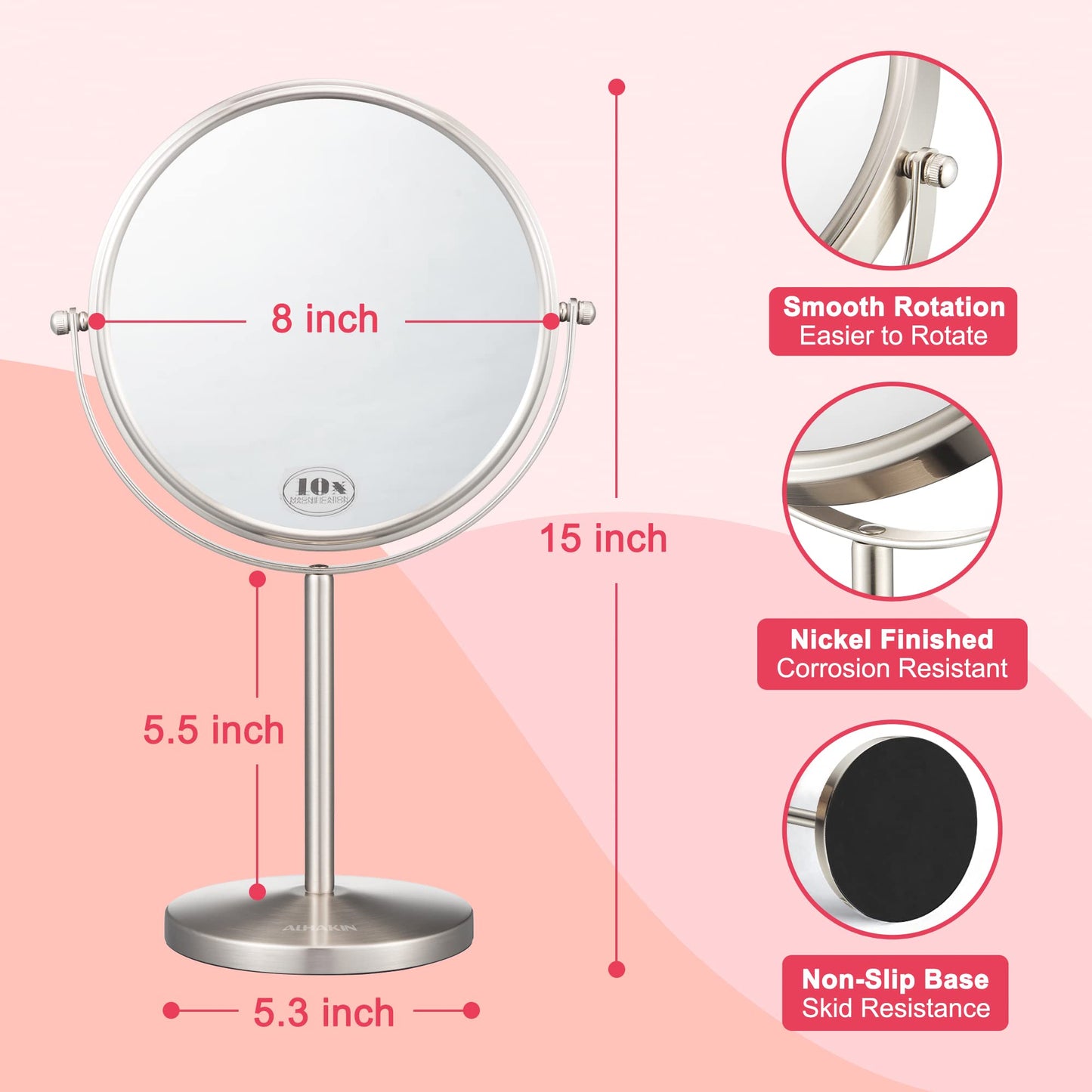 ALHAKIN 10x Magnifying Makeup Mirror, 8 Inch Tabletop Mirror with 1X/10X Magnification Double Sided, Standing Bathroom Makeup Mirror for Desk, Nickel Beauty & Personal Care ALHAKIN