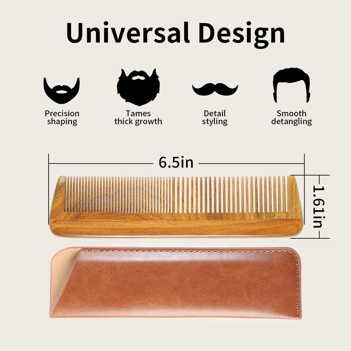 Onedor Handmade 100% Natural Green Sandalwood Wooden Comb for Men Hair, Beard, and Mustache Styling Pocket Comb With Leather Case (Long)