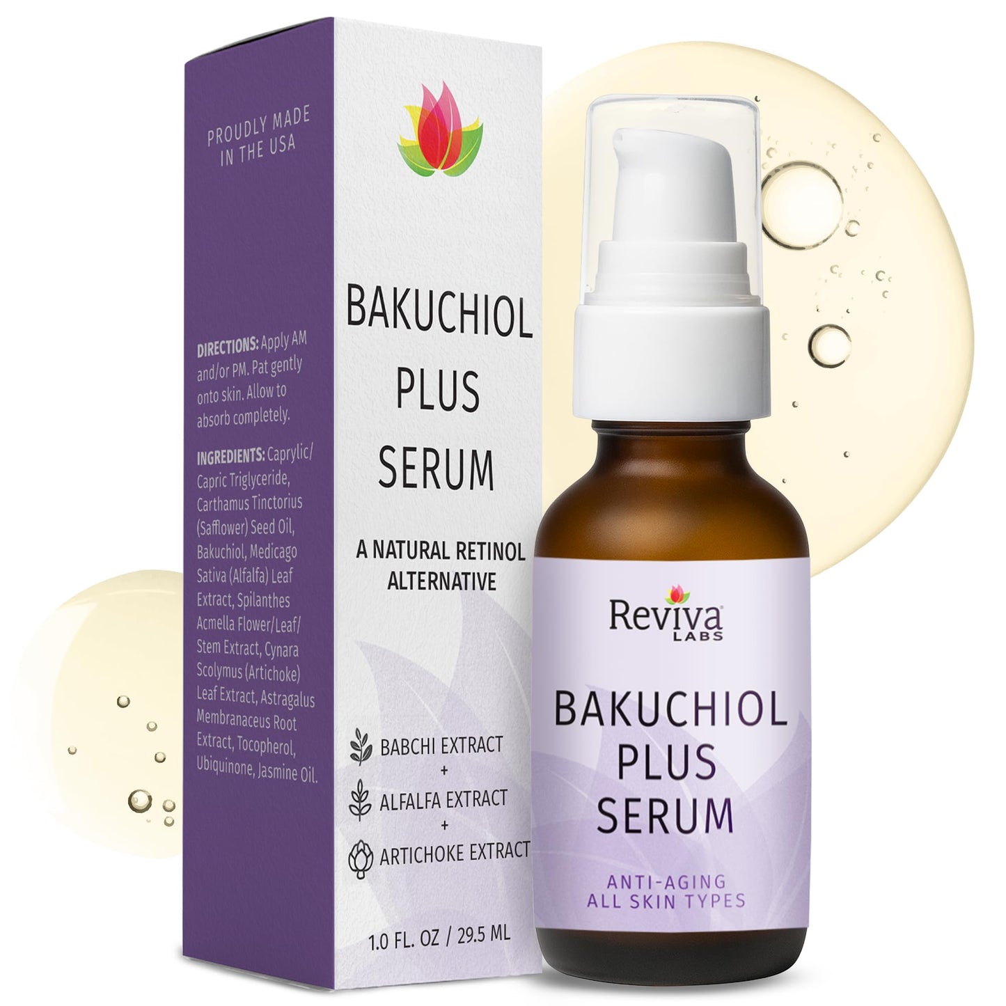 Reviva Labs Bakuchiol Serum - Natural Retinol Alternative Serum for Face with Alfalfa & Artichoke Extract - Hydrating Vegan Formula for Smoother Beauty & Personal Care Reviva Labs
