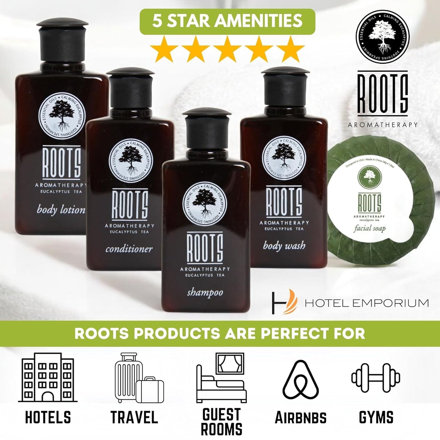 ROOTS AROMATHERAPY 150 Piece Airbnb Essentials for Hosts,Hotel Shampoo & Conditioner Supplies for Guests, Body Wash Lotion & Soap, Travel Size Beauty & Personal Care Roots Aromatherapy