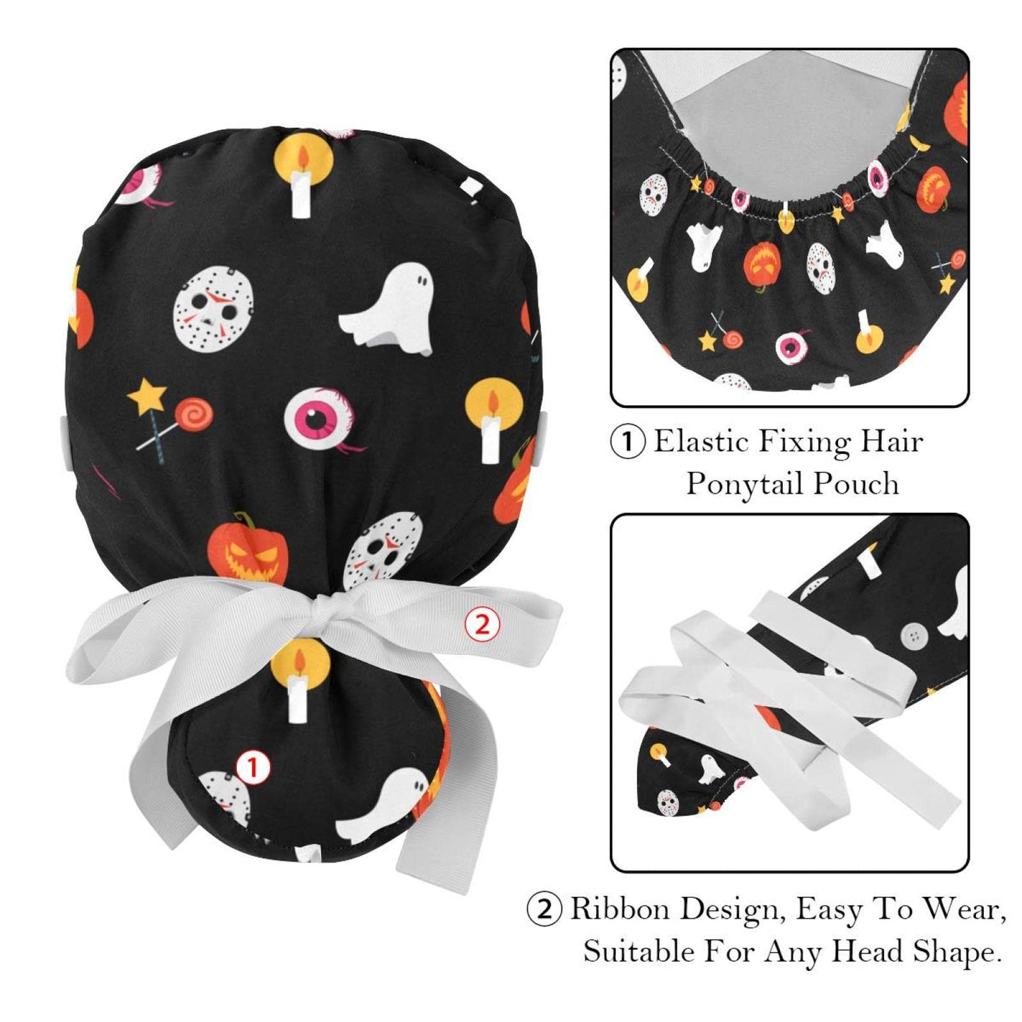 Adjustable Scrub Bouffant Caps, 2 Packs Candle Skull Ghost Halloween Working Hat Hair Cover with Ponytail Pouch, Soft Surgical Nurse Cap Beauty and Personal Care DEYYA
