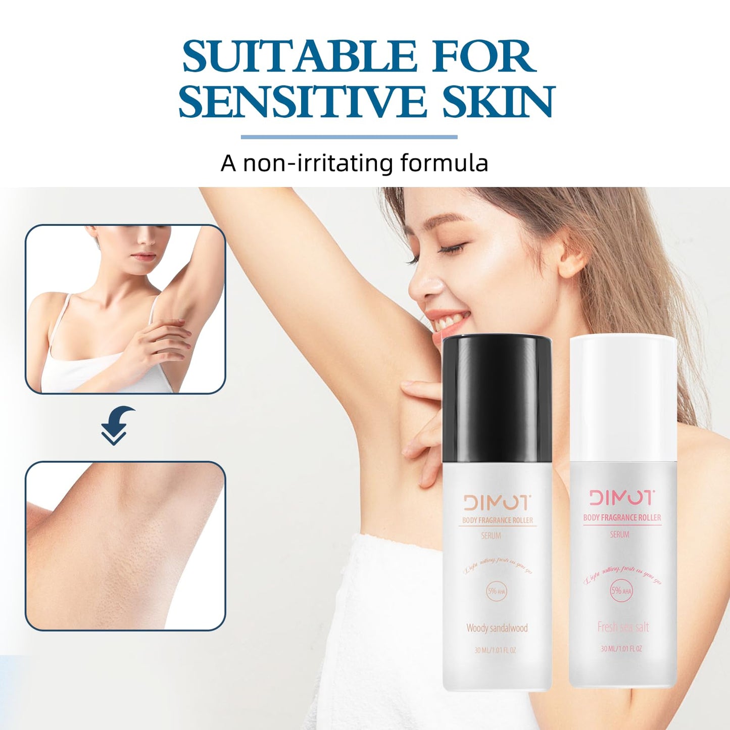 Roll-On Body Deodorant Serum?48H Odor Control + 5% Glycolic Acid?Underarm & Bikini Line Care (2 PC, Woody Sandalwood) Beauty and Personal Care DIMOT
