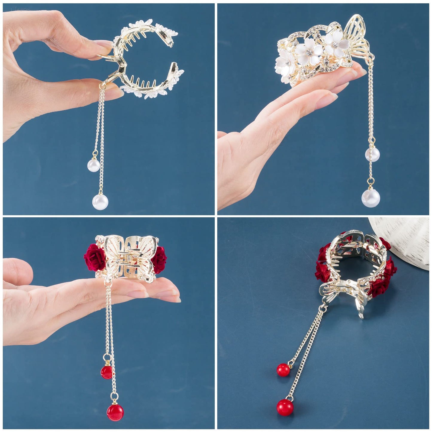 HINZIC 2pcs High Ponytail Hair Claw Clips, 2inch Rose Crystal Rhinestone Hair Clips Vintage Barrettes Cuff Chinese Hair Accessories for Thick Long Beauty & Personal Care HINZIC