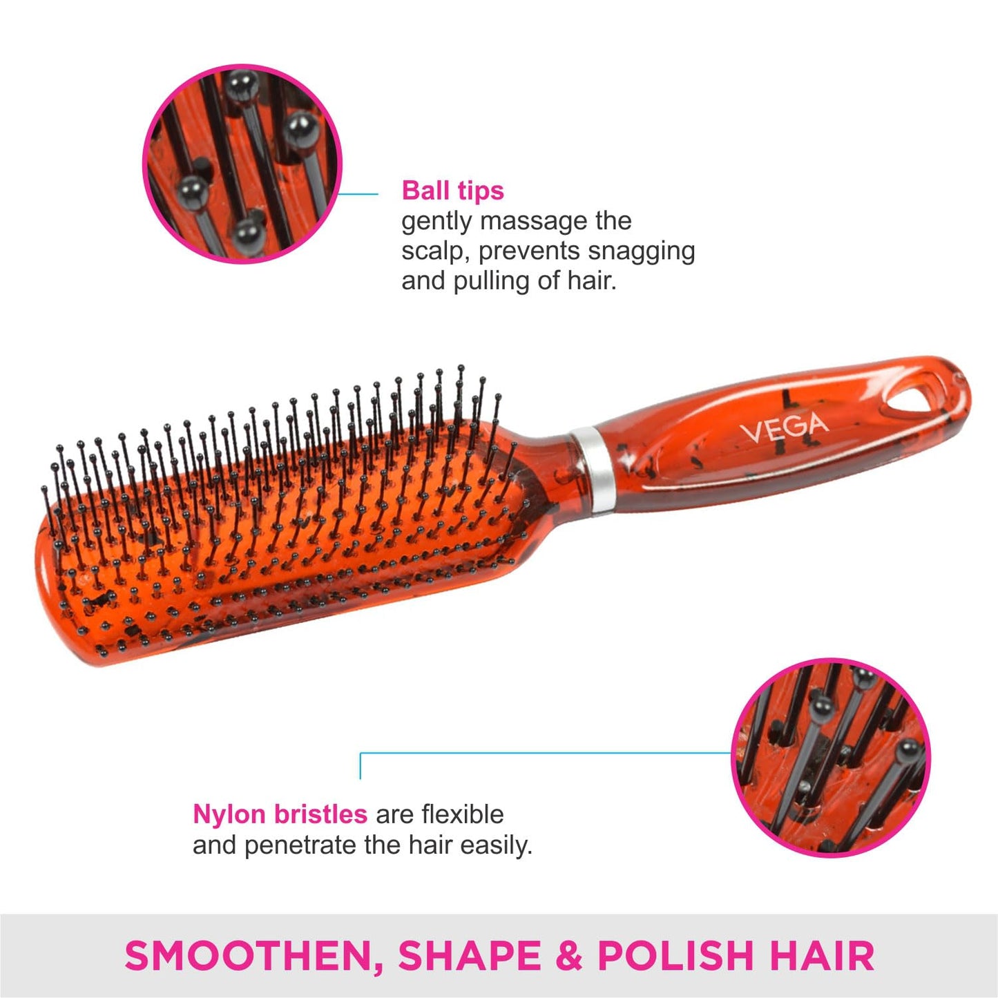 Vega Flat Brush with Tranparent Brown Colored Body and Black Bristles Beauty and Personal Care VEGA