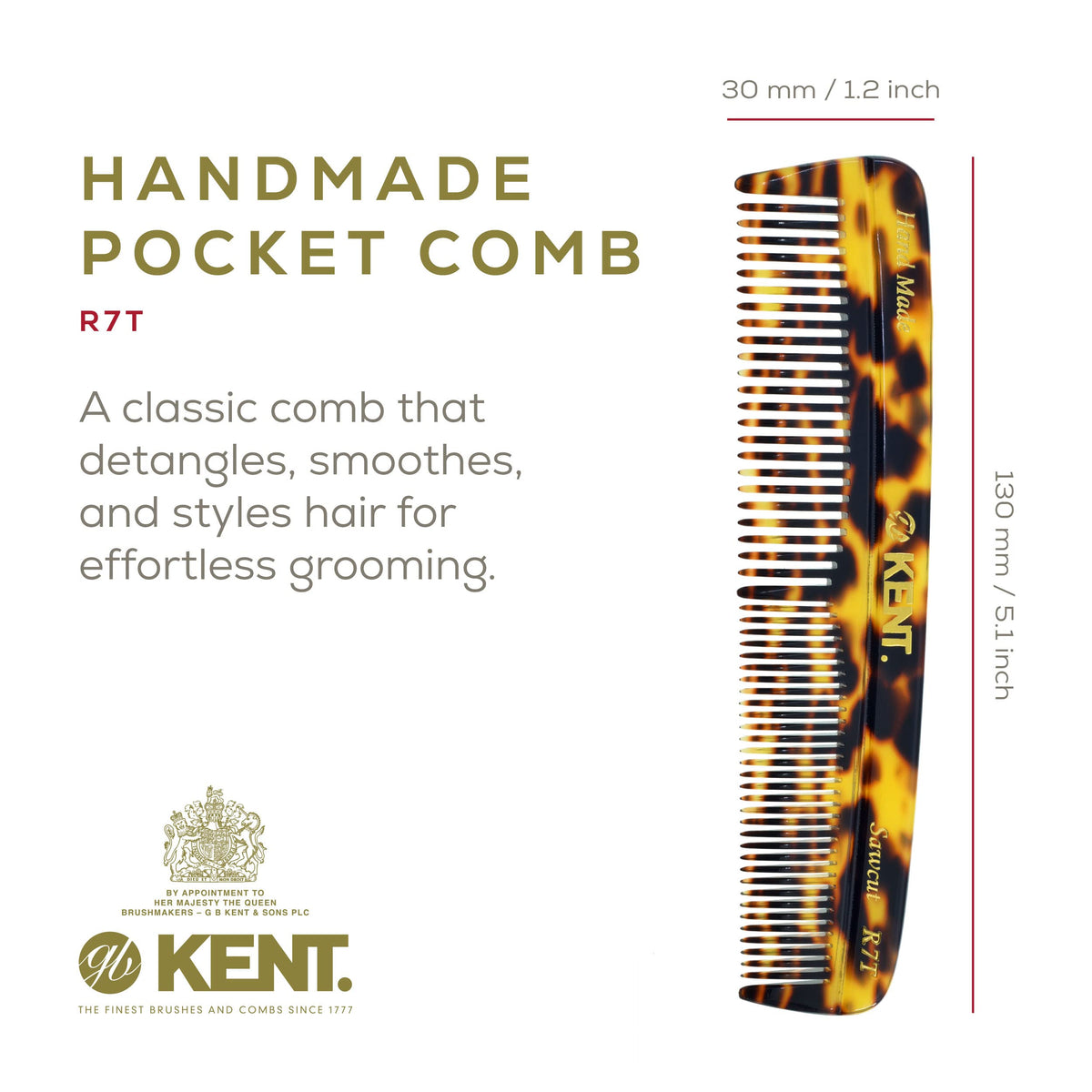 Kent R7T TY Fine and Wide Tooth Hair Comb, Handmade Pocket Comb for Men, Beard and Mustache Combs for Everyday Grooming and Styling, Sawcut Kent