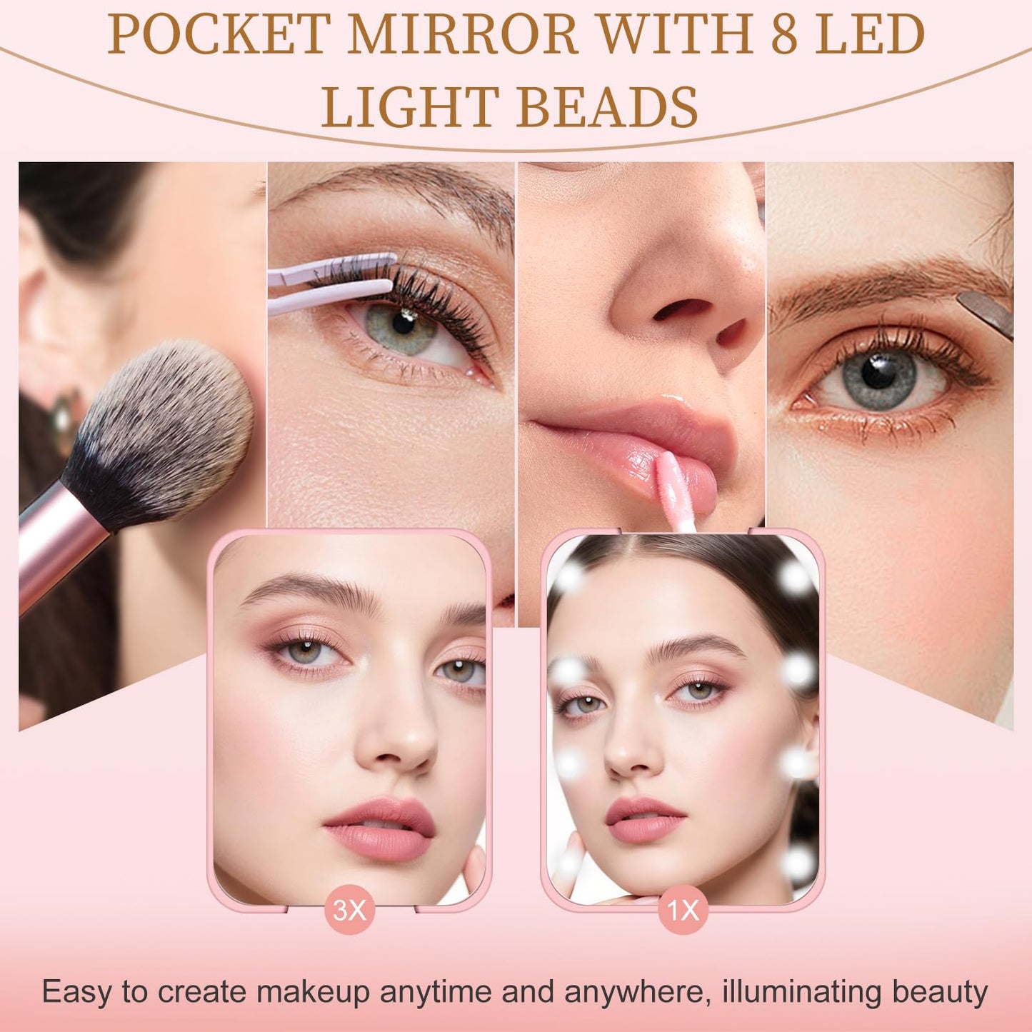 Kakuje Compact Mirror, 1X/3X Magnification LED Pocket Mirror with Nternal BIattery, Mini Mirror for Purse, Pocket,Travel and Present (Pink) Beauty and Personal Care Kakuje
