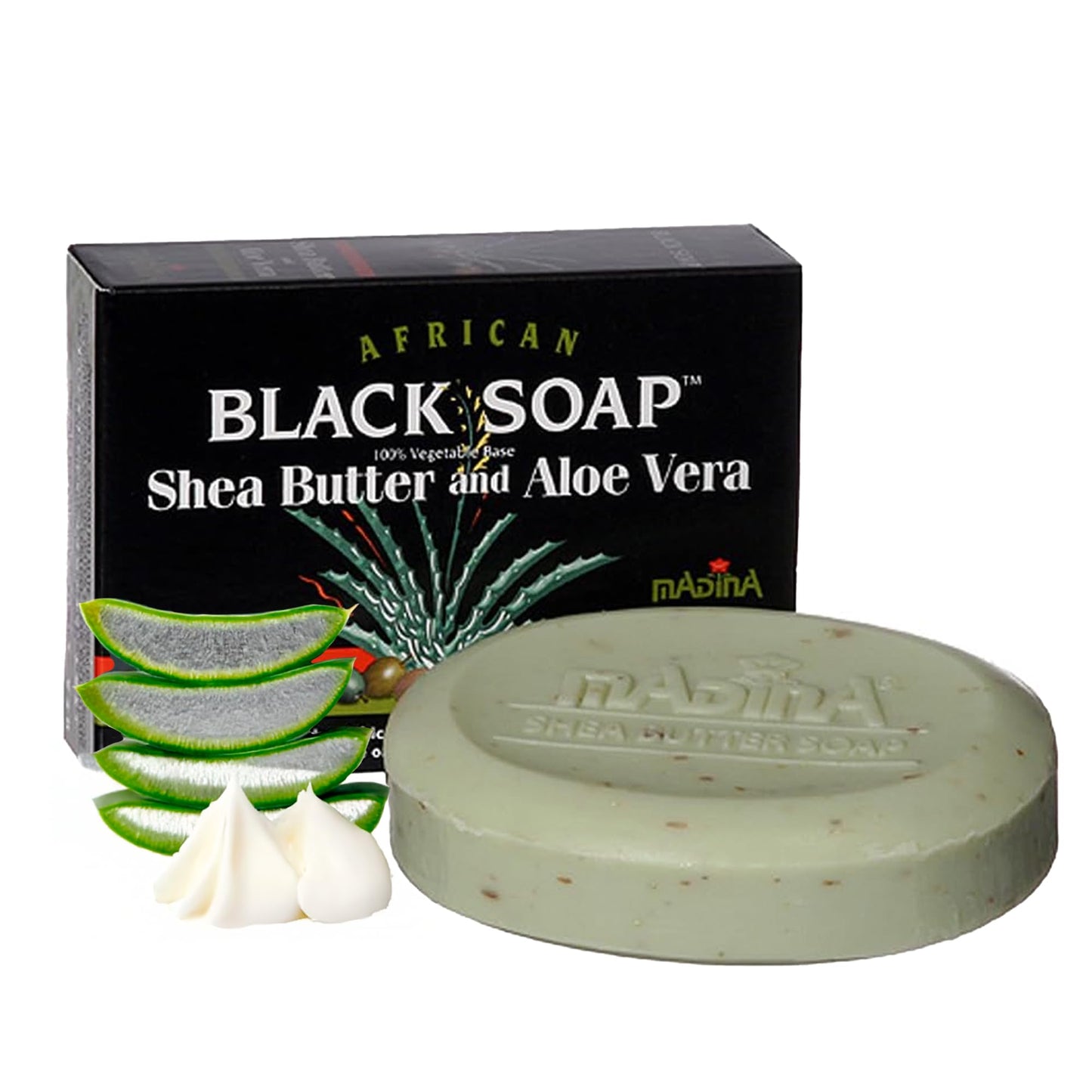 Madina African Black Soap Bar - Shea Butter, Aloe Vera, Moisturizing, Gentle Exfoliating, 100% Vegetable-Based, For All Skin Types, Face & Body Beauty & Personal Care Madina