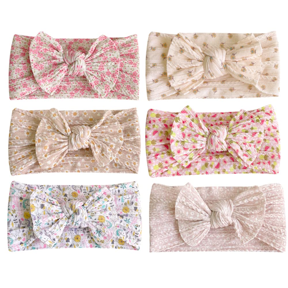 Jralon Set of 6 Baby Girl Headbands, Soft Nylon Bow Hairbands for Infants and Toddlers, Floral Hair Accessories