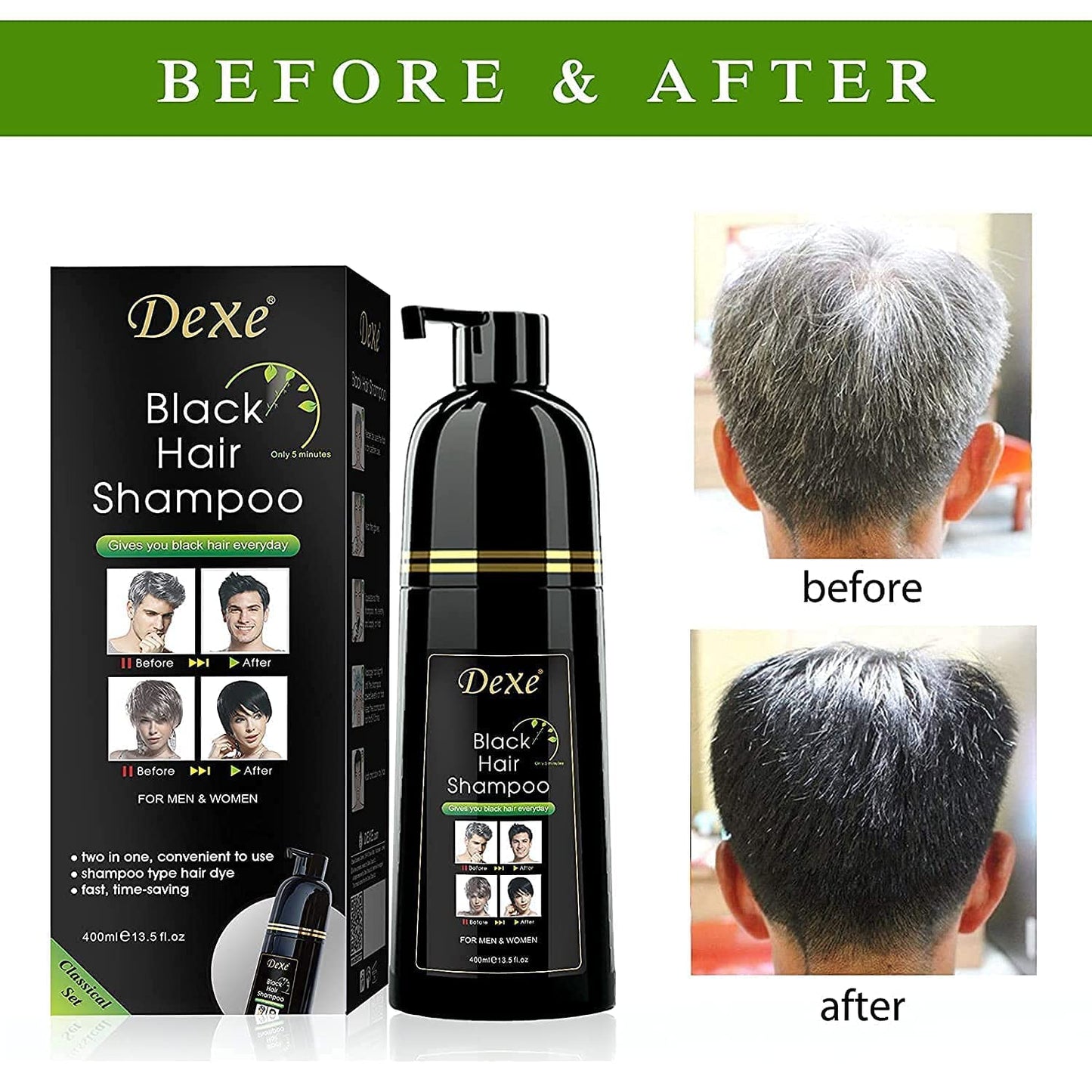 Signature Dexe Black Hair Shampoo 400 ML Instant Hair Blackening Dye for Men Women Black Color - Simple to Use - Lasts 30 Days - Fast Acting Natural Beauty & Personal Care Dexe