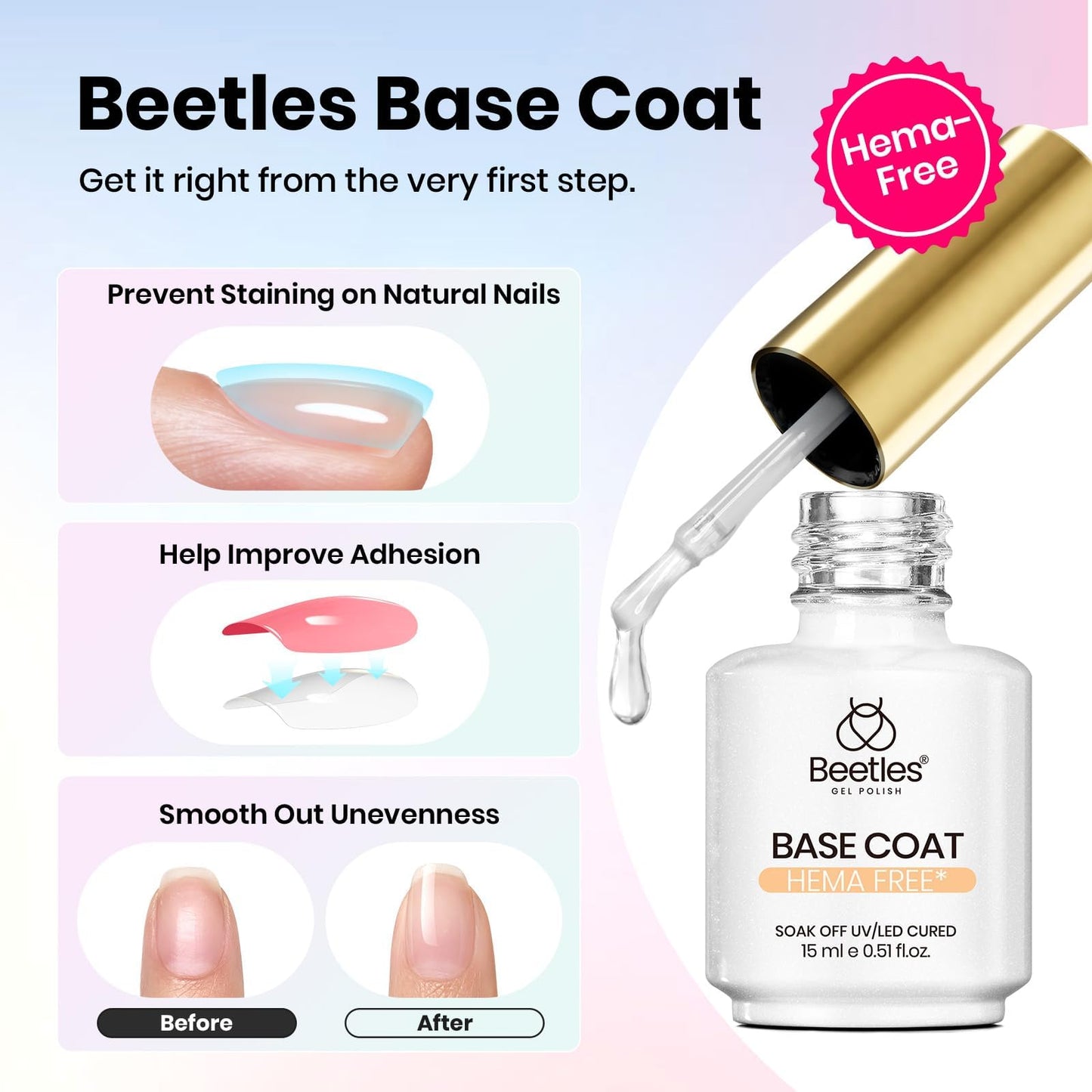 Beetles Gel Base and Top Coat Set with Matte Top Coat - 3 Pcs No Wipe Gel Nail Polish Kit, Glossy & Matte Finish, HEMA Free UV LED Soak Off Long Beauty and Personal Care beetles Gel Polish