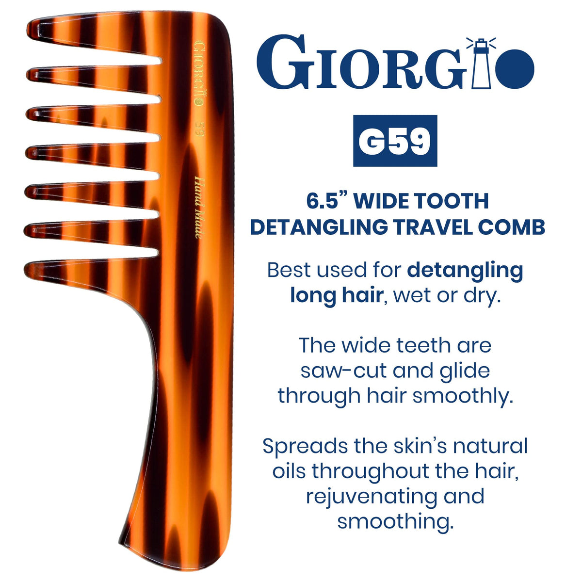 Giorgio G59 Extra Wide Tooth Detangler Comb, Large Tooth Comb with Handle for Thick, Wavy, or Curly Hair. Travel Size for dry or Wet Hair, Handmade,