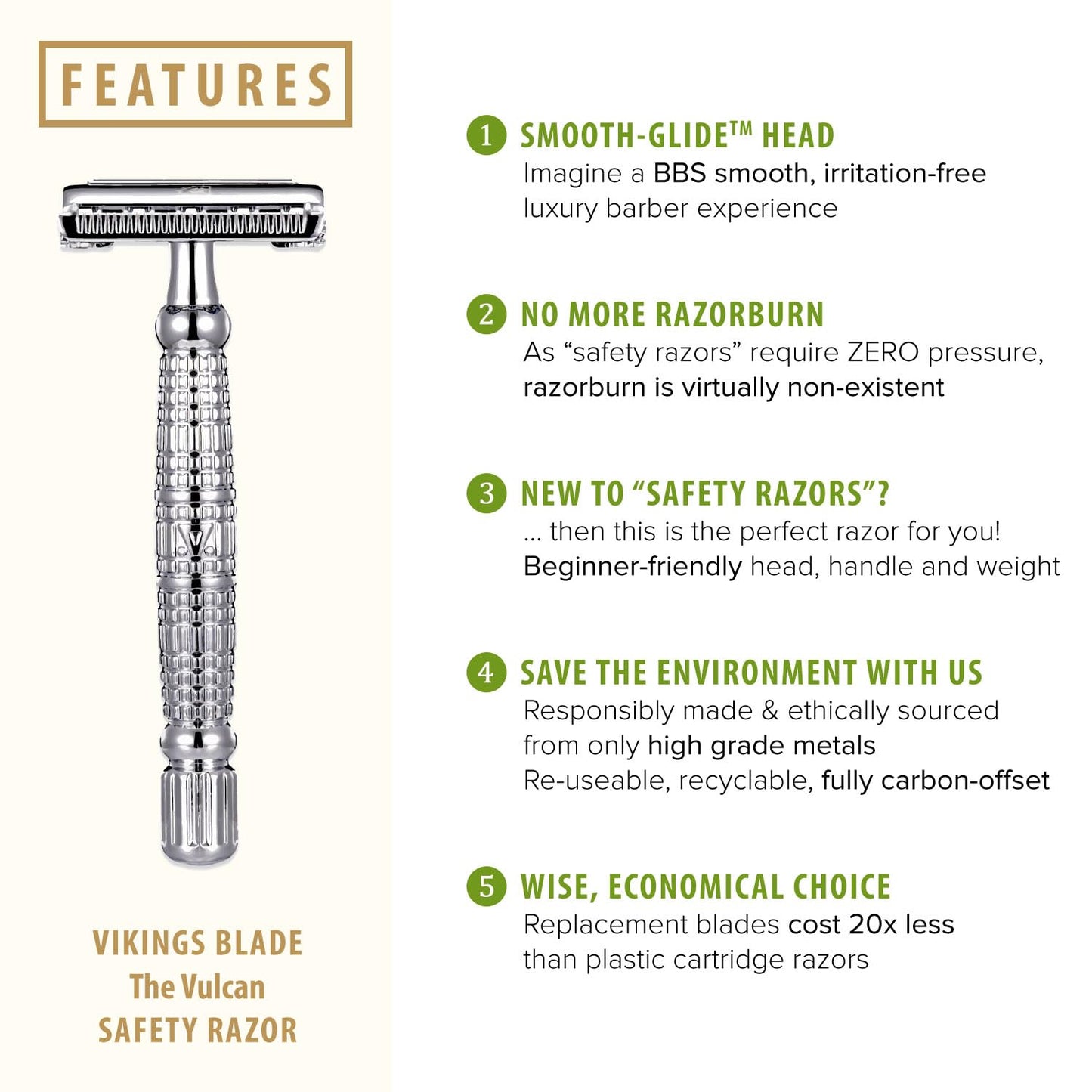 VIKINGS BLADE Double Edge Safety Razor for Men + 5 Swedish Steel Blades + Luxury Case. Long Handle. Smooth, Reusable, Eco-Friendly (The Vulcan) Beauty and Personal Care Vikings Blade