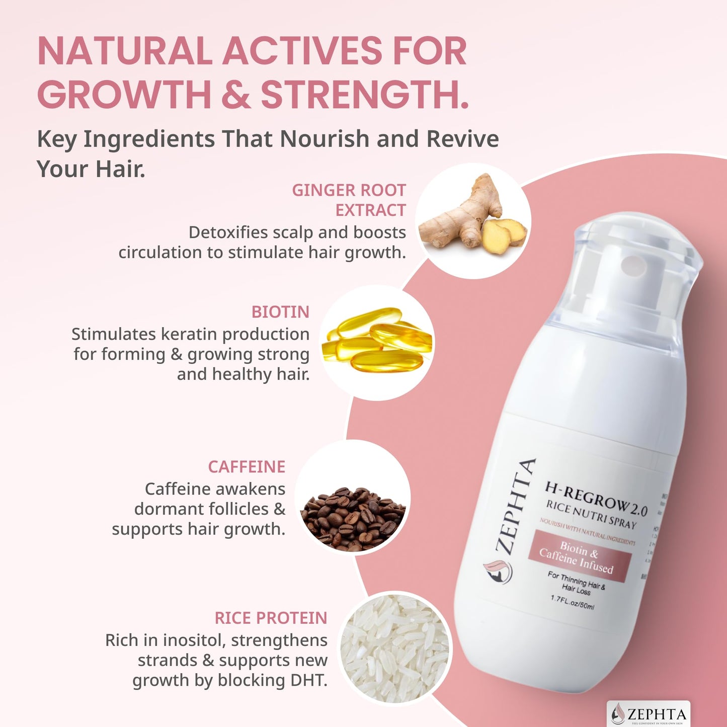 Zephta H-Regrow Hair Growth Spray - With Rice Water, Biotin, Aloe Vera, Caffeine, and Ginger - Hair Growth Product for Men and Women - For Thinning Beauty and Personal Care Zephta