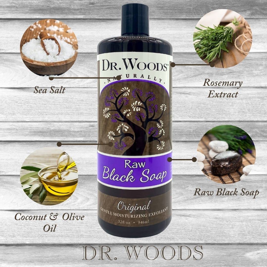 Dr. Woods Raw Liquid Black Soap, Body Wash for Men and Women, Gentle Exfoliant, Natural Cleanser for Face, Hands, and Body - 32 Fl Oz, Pack of 3 Beauty & Personal Care Dr. Woods