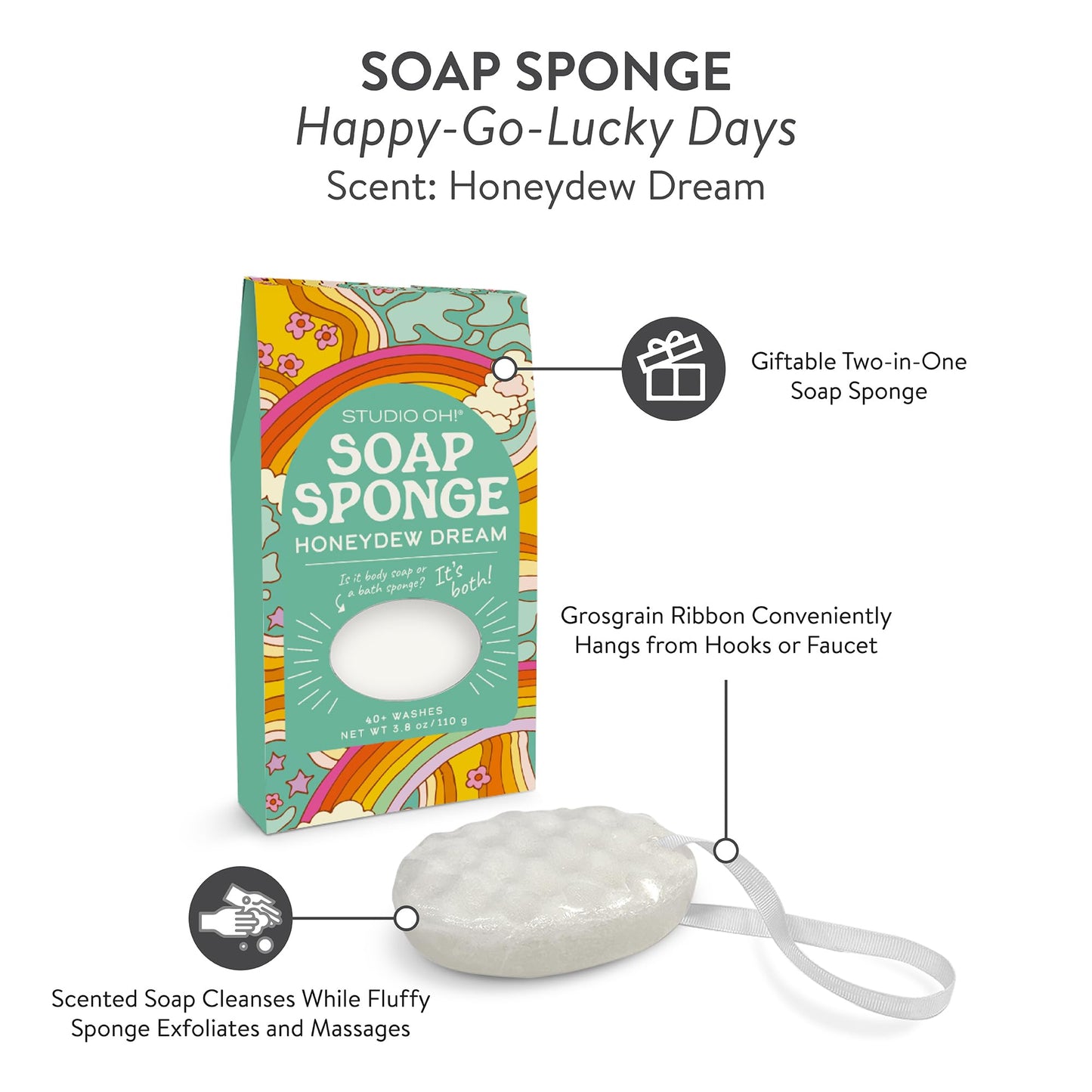 Studio Oh! Happy-Go-Lucky Soap Sponge, Honeydew Dream Scent - 2-in-1 Body Wash Infused Bath Sponge & Shower Scrubber with Hanging Ribbon, Up to 40 Beauty and Personal Care Studio Oh!