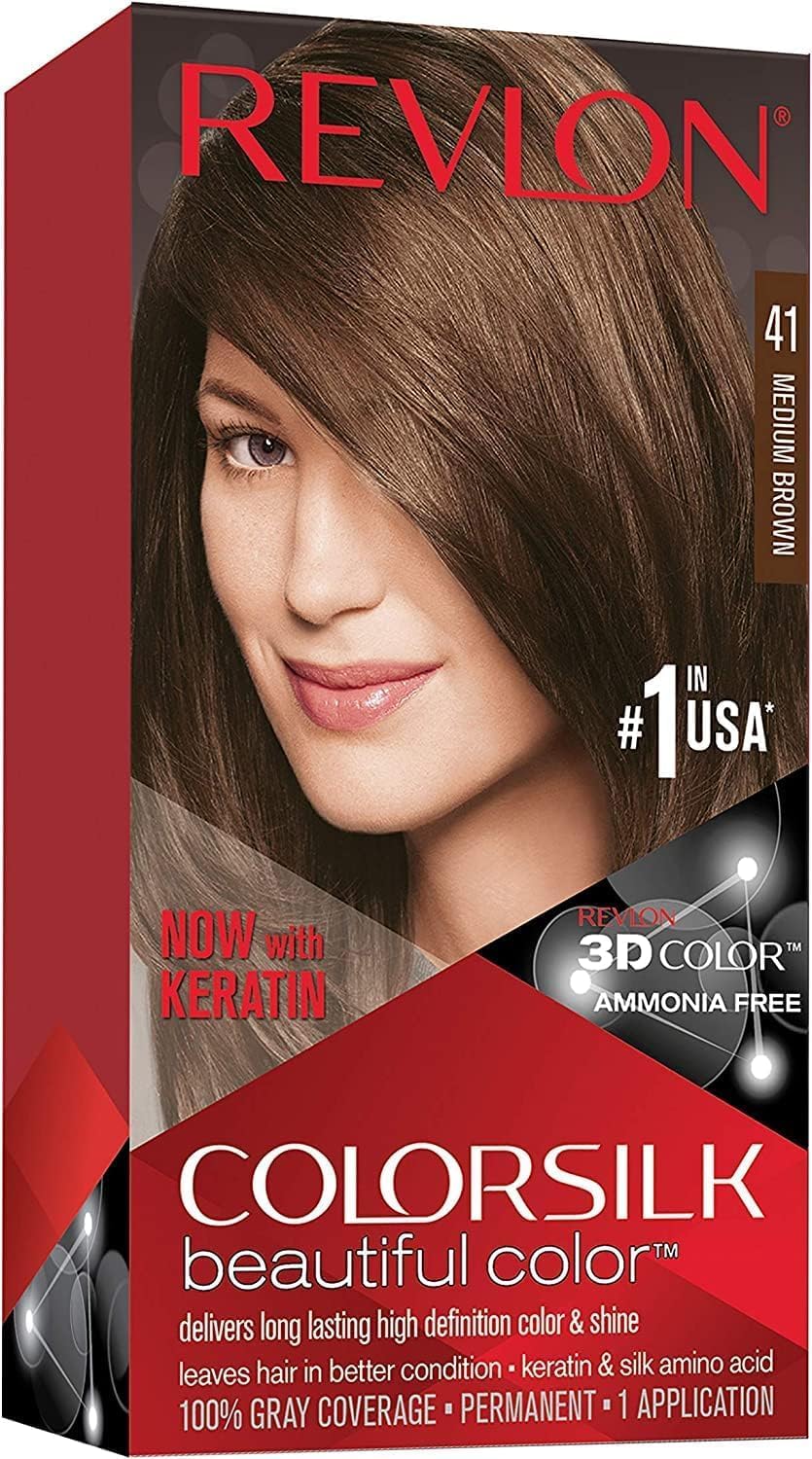 Permanent Hair Color by Revlon, Permanent Hair Dye, Colorsilk with 100% Gray Coverage, Ammonia-Free, Keratin and Amino Acids, 41 Medium Brown, 4.4 Oz Beauty & Personal Care REVLON