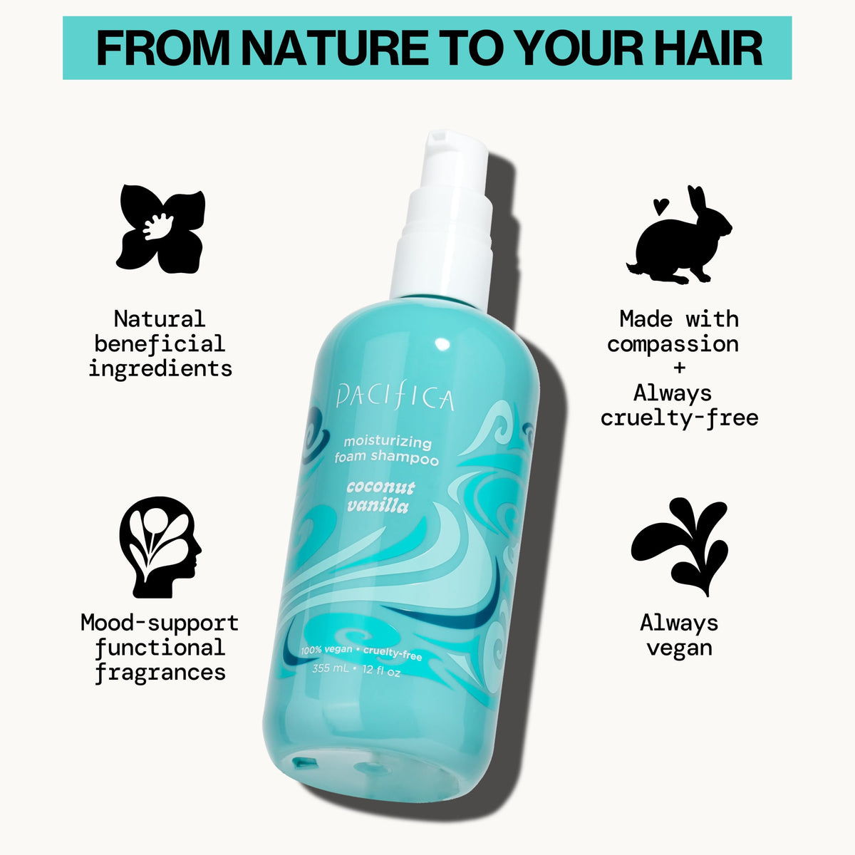 Pacifica Coconut Vanilla Moisturizing Foam Shampoo - Hydrating Foaming Shampoo for Dry, Dull or Damaged Hair, Lightweight Lather, Sulfate-Free Clean