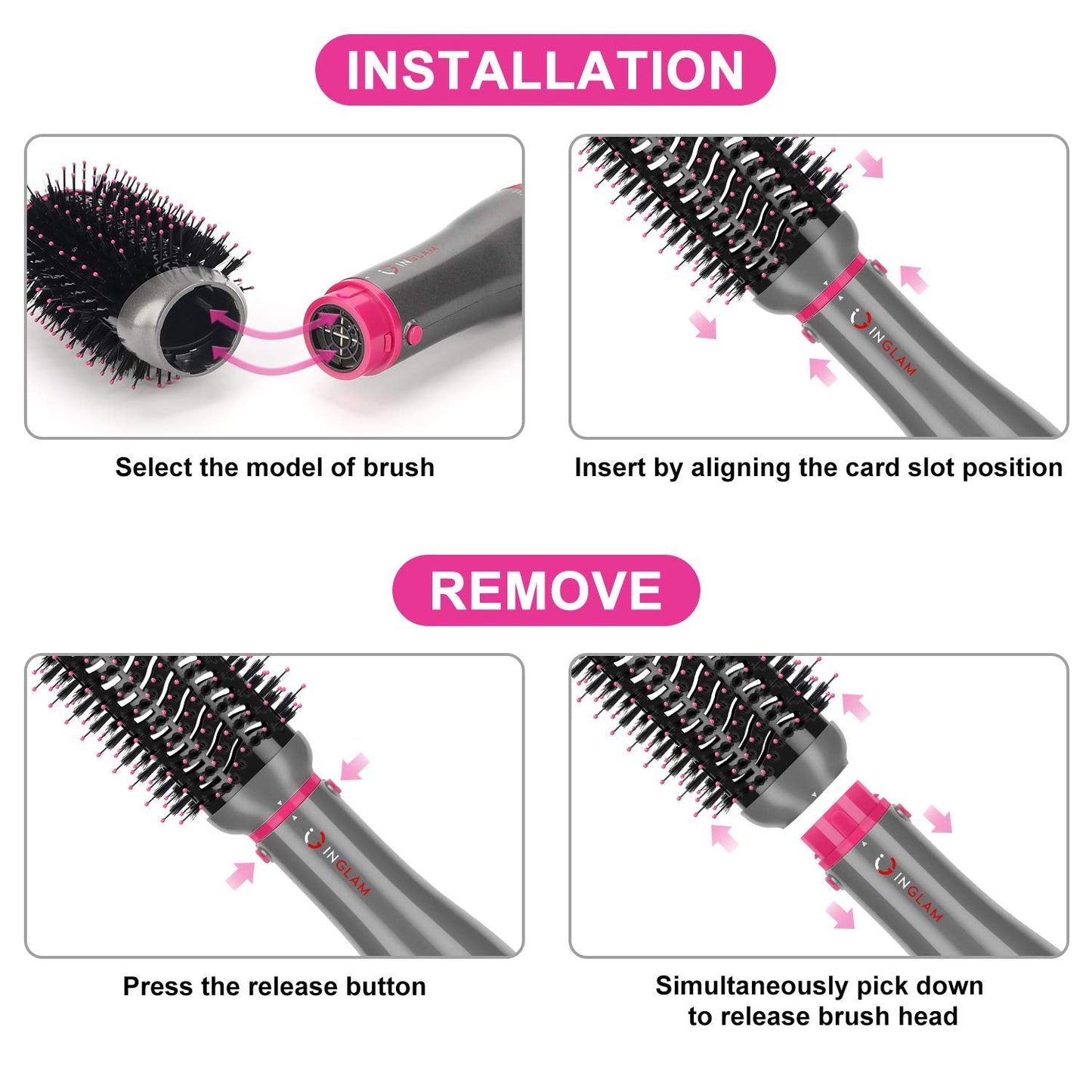 IG INGLAM 4 in 1 Blowout Brush, Negative Ion Detachable Hair Dryer & Styler Volumizer Hot Air Brush with 2 Styling Brush Heads, Silver Beauty & Personal Care IG INGLAM