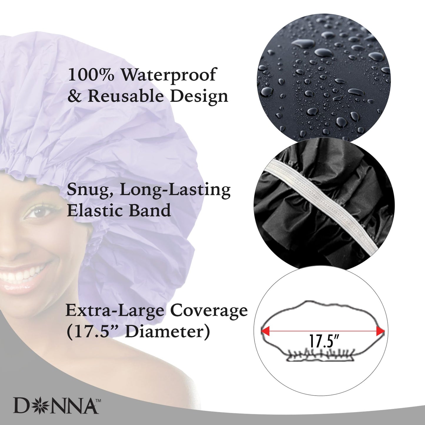 DONNA Super Jumbo Shower Cap - Comfortable Elastic Band, 100% Waterproof Hair Cap for Long Hair, Braids & Thick Styles, Reusable Big Shower Cap Beauty & Personal Care DONNA