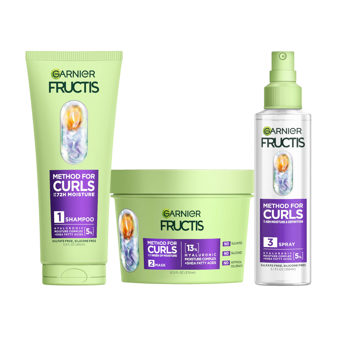 Garnier Fructis Method for Curls Curly Hair Products, Moisture Filling Shampoo, Hair Mask and Curl Refresher Spray, Designed and Tested for 2C to 4C