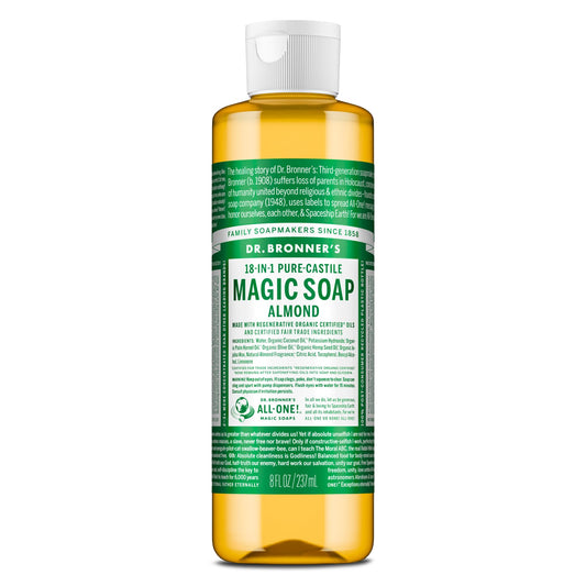 Dr. Bronner's Pure-Castile Magic Soap Liquid (Almond, 8 Ounce) - Made with Regenerative Organic Certified Oils, 18-in-1 Uses: Face, Body, Hair Beauty & Personal Care Dr. Bronner's