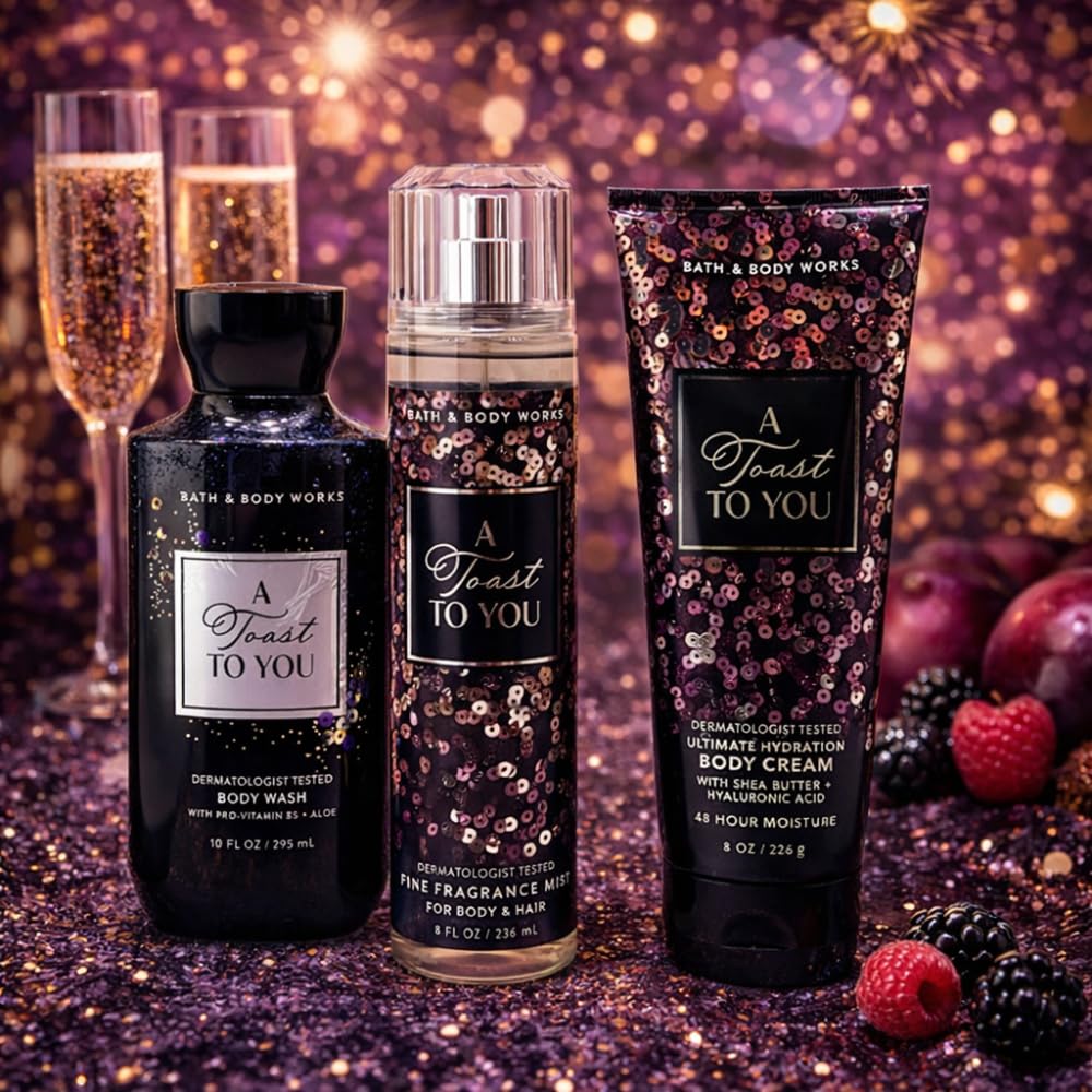 Bath & Body Works A TOAST TO YOU Fine Fragrance Mist, Ultimate Hydration Body Cream, and Body Wash 3pc Gift Set with 30-inch Silver Ribbon Bow Beauty and Personal Care Bath & Body Works