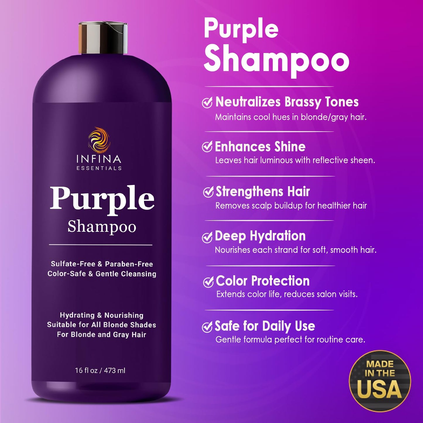 INFINA ESSENTIALS Purple Shampoo for Blondes, Gray, Brassy & Color Treated Hair, Sulfate Free, Enriched with Green Tea & Chamomile & Avocado Oil Beauty & Personal Care INFINA ESSENTIALS