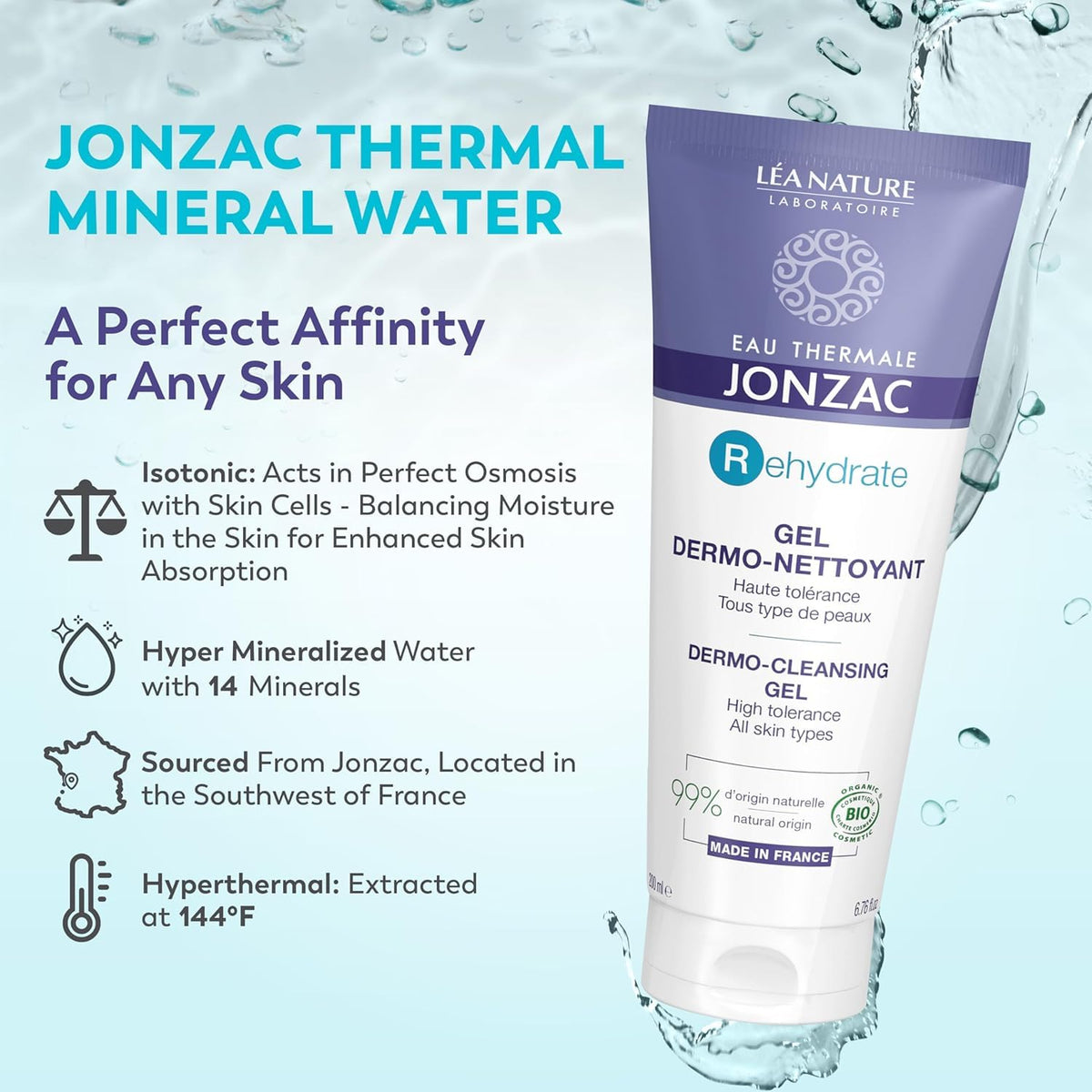 JONZAC Eau Thermale Rehydrate Organic Dermo Cleansing Gel - Gentle Daily Facial Cleanser - Sensitive Skin Approved - Leaves Skin Feeling Smooth Beauty & Personal Care JONZAC
