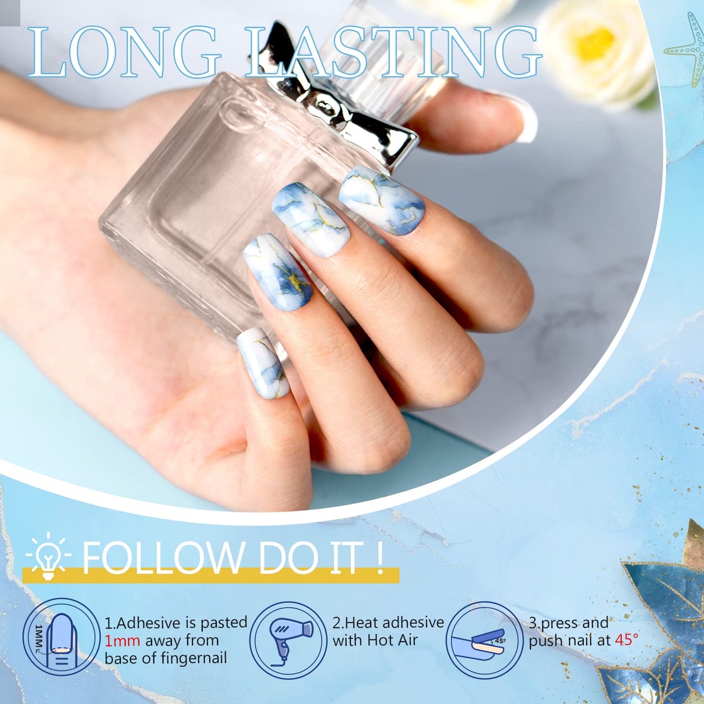 Marble Press on Nails Short Square GLAMERMAID, Blue Gold Acrylic Fake Nails with Design Luxury Stick Glue on Nails Reusable Glossy False Nail Sets Beauty & Personal Care GLAMERMAID