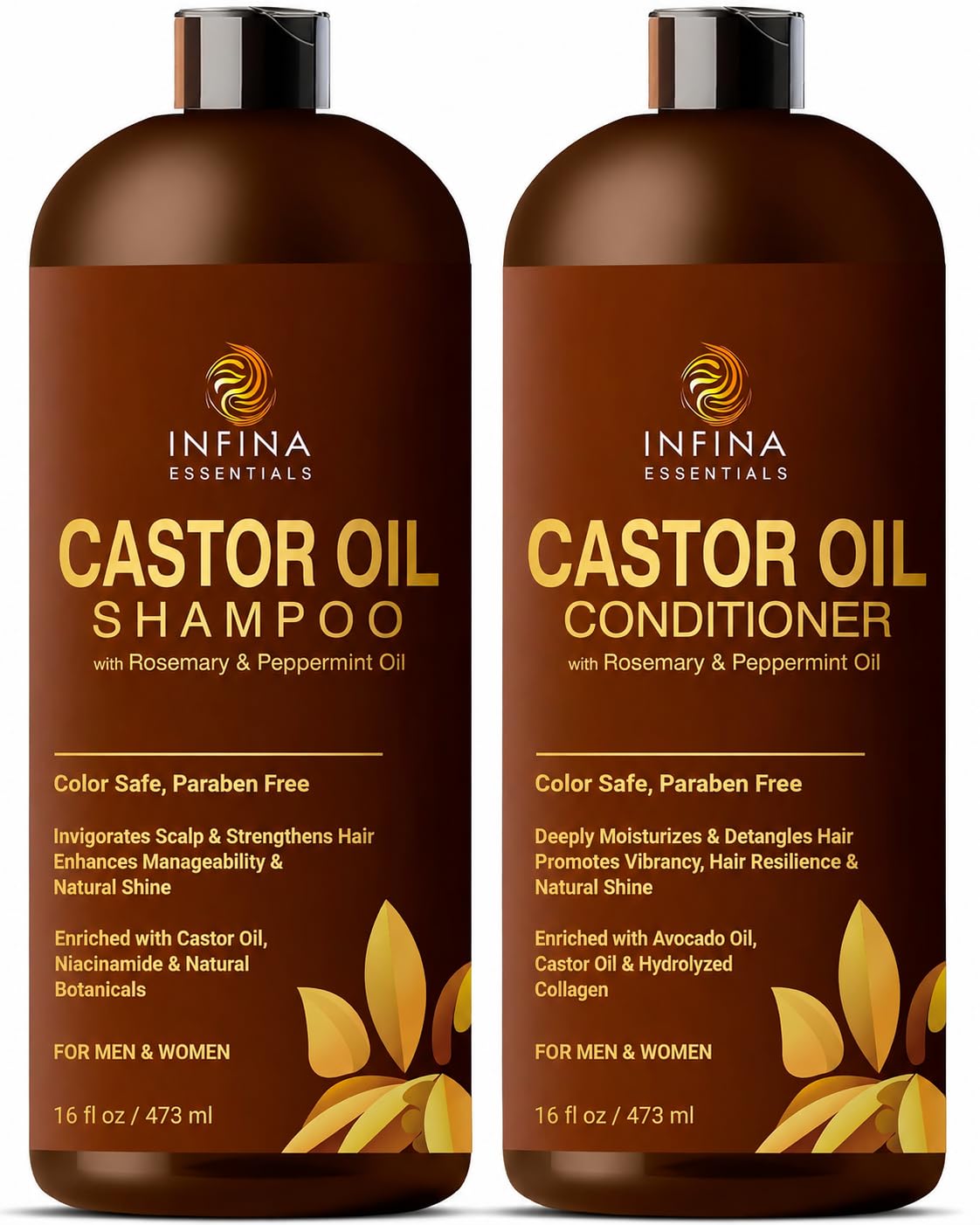 Castor Oil Shampoo and Conditioner Set for Hair Growth with Rosemary & Peppermint Oil - Cleanse Hair, Strengthen & Shine with Castor Shampoo Beauty & Personal Care INFINA ESSENTIALS