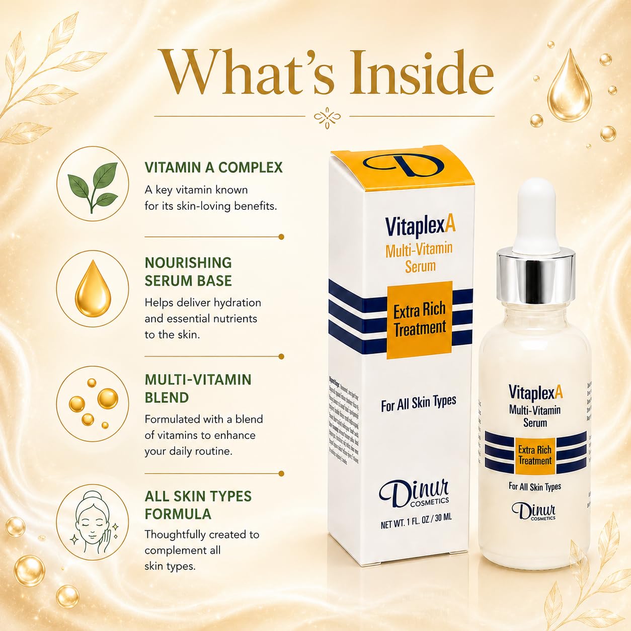 Dinur Cosmetics Vitaplex A Multi-Vitamin Serum Extra Rich Treatment for All Skin Types 1 fl. oz./ 30 ml. Beauty & Personal Care Dinur Cosmetics