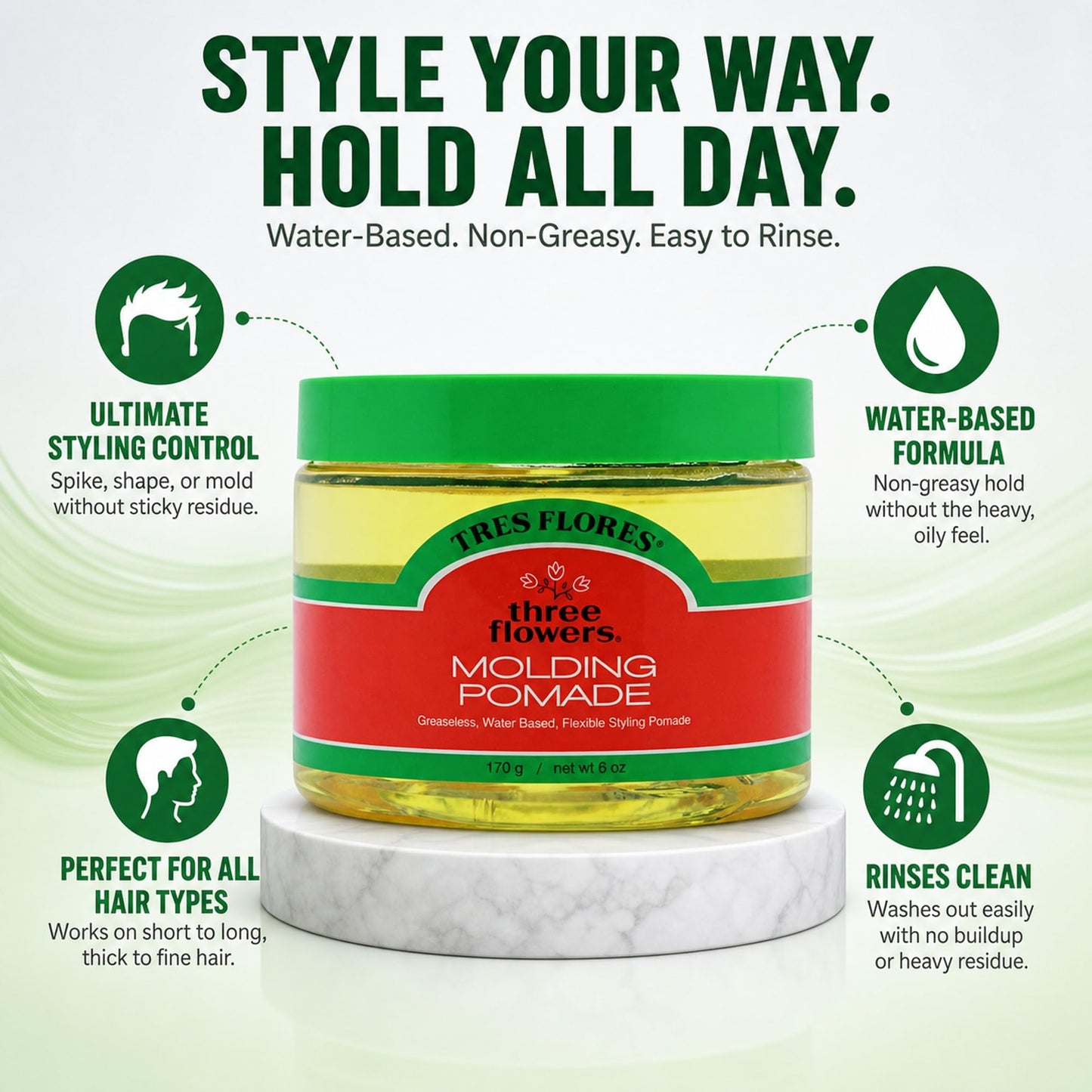 Three Flowers Molding Mens Pomade - Water-Based, Non-Greasy Hair Pomade for Men, Classic Hair Styling for Shape & Mold, 6 oz Beauty & Personal Care Three Flowers