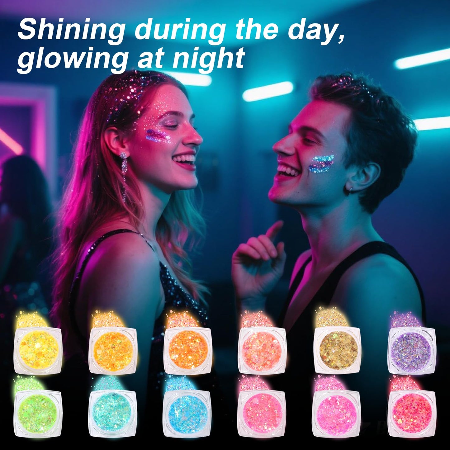 Glow in the Dark Face & Body Glitter Gel - 12 Colors Chunky Holographic Glitter for Hair, Body, Festival, Party, Rave Makeup, Washable Cosmetic Beauty & Personal Care Ultikare