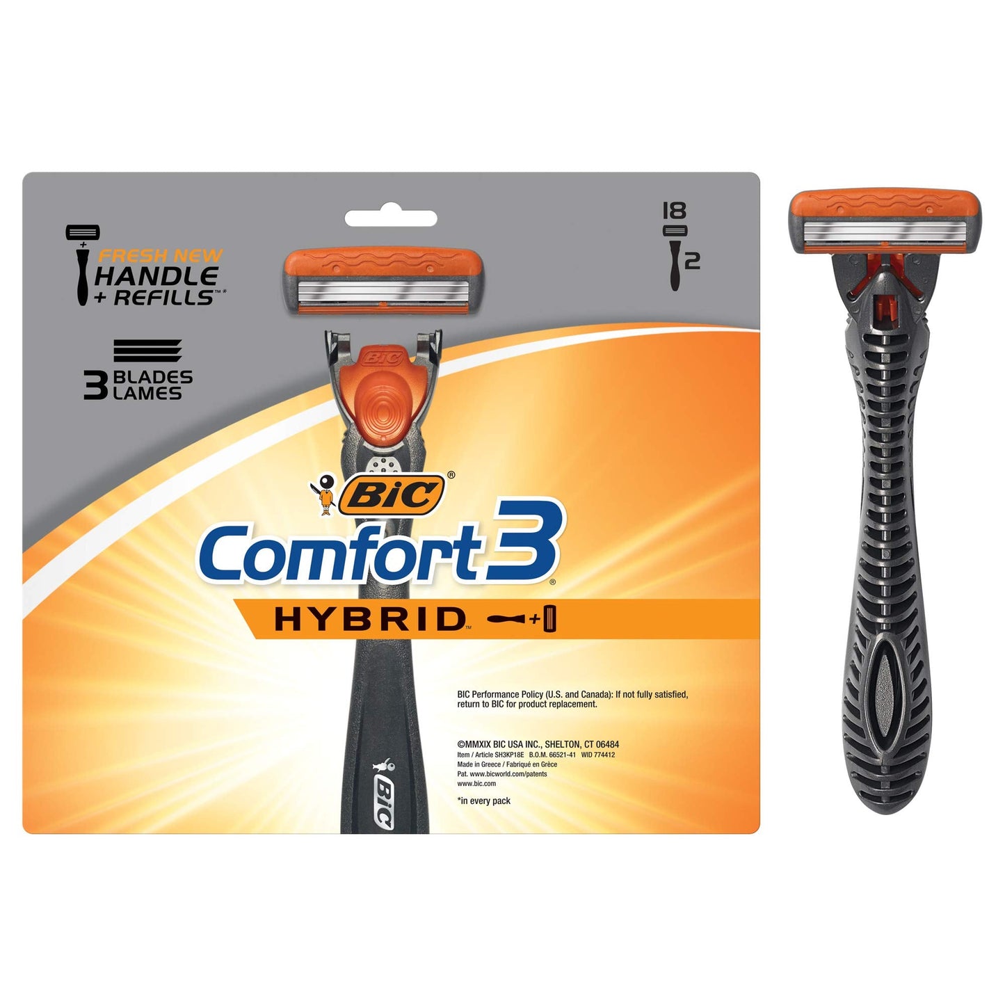BIC Comfort 3 Hybrid Men's 3-Blade Disposable Razor, 2 Handles And 18 Cartridges Beauty and Personal Care BIC