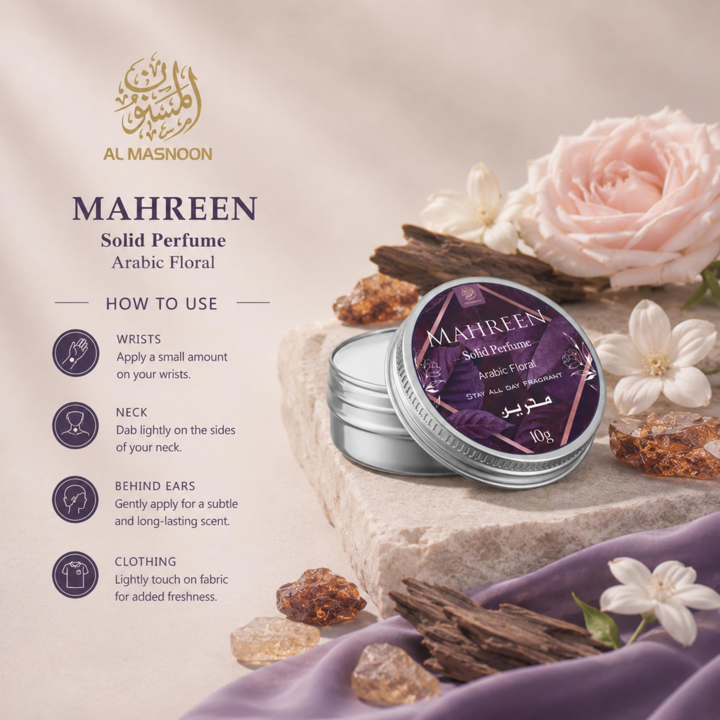AL MASNOON Mahreen Solid Perfume 10g - Arabic Floral Fragrance, Long-Lasting Deodorant for All-Day Freshness, Perfect Beauty and Personal Care al masnoon