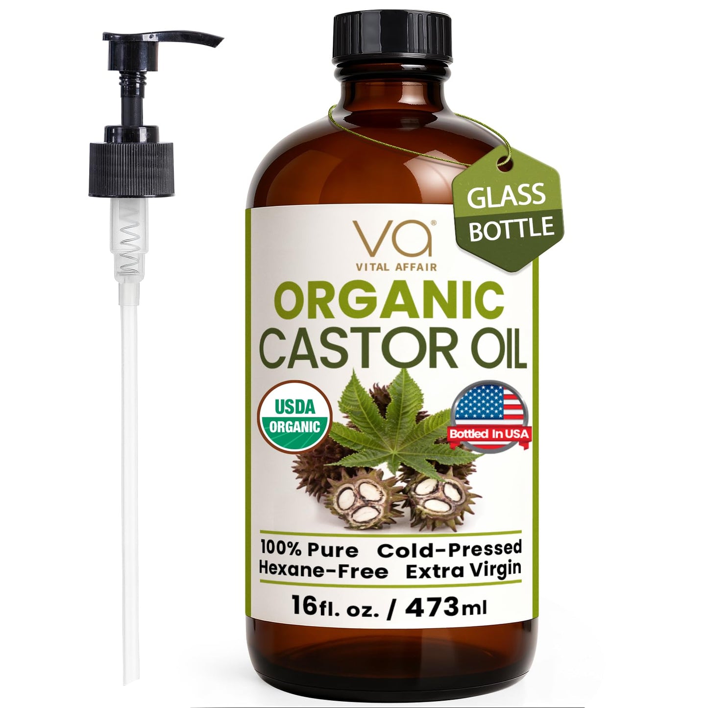 VITAL AFFAIR Pure Castor Oil Organic Cold Pressed Unrefined Glass Bottle-USDA Certified for Castor Oil Pack Wrap for Face,Hair Beauty & Personal Care VITAL AFFAIR