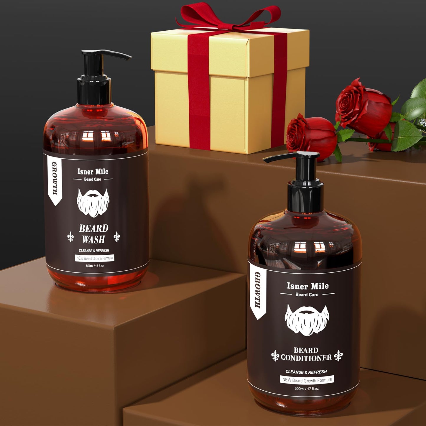 ISNER MILE Beard Wash & Conditioner Set for Men - 17 oz Shampoo with Biotin, Argan & Jojoba Oils for Smooth, Soft, and Strengthened Beard - Sandalwood Beauty & Personal Care ISNER MILE