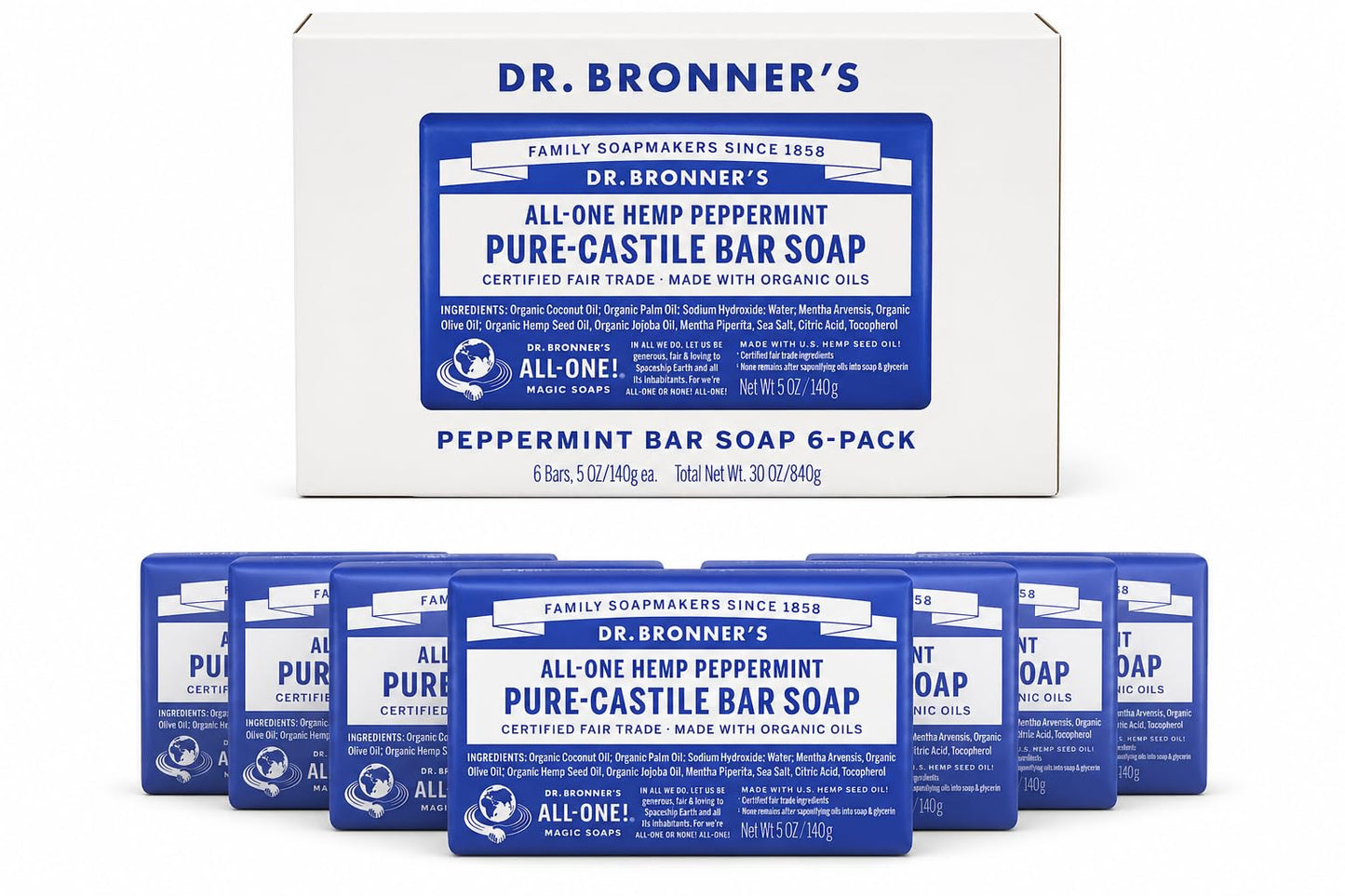 Dr Bronner's Pure Castille Peppermint Bar Soap, 5 Ounce (Pack of 6) Beauty & Personal Care Dr. Bronner's
