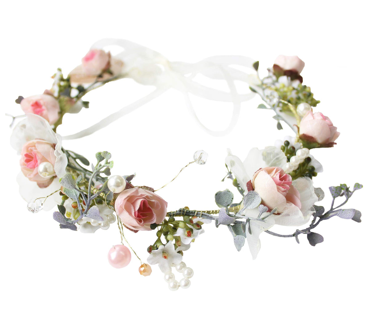 LLinfflr Pearl Flower Crown Floral Garland Headband Halo Headpiece Pink