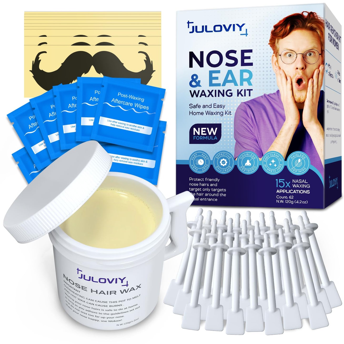 Nose Wax Kit, 120 g Wax, 30 Applicators,Nostril and Ears Hair Removal Kit for Men & Women,Includes 15 Balm Wipes and Mustache Guards etc. Lasts up Beauty and Personal Care Juloviy
