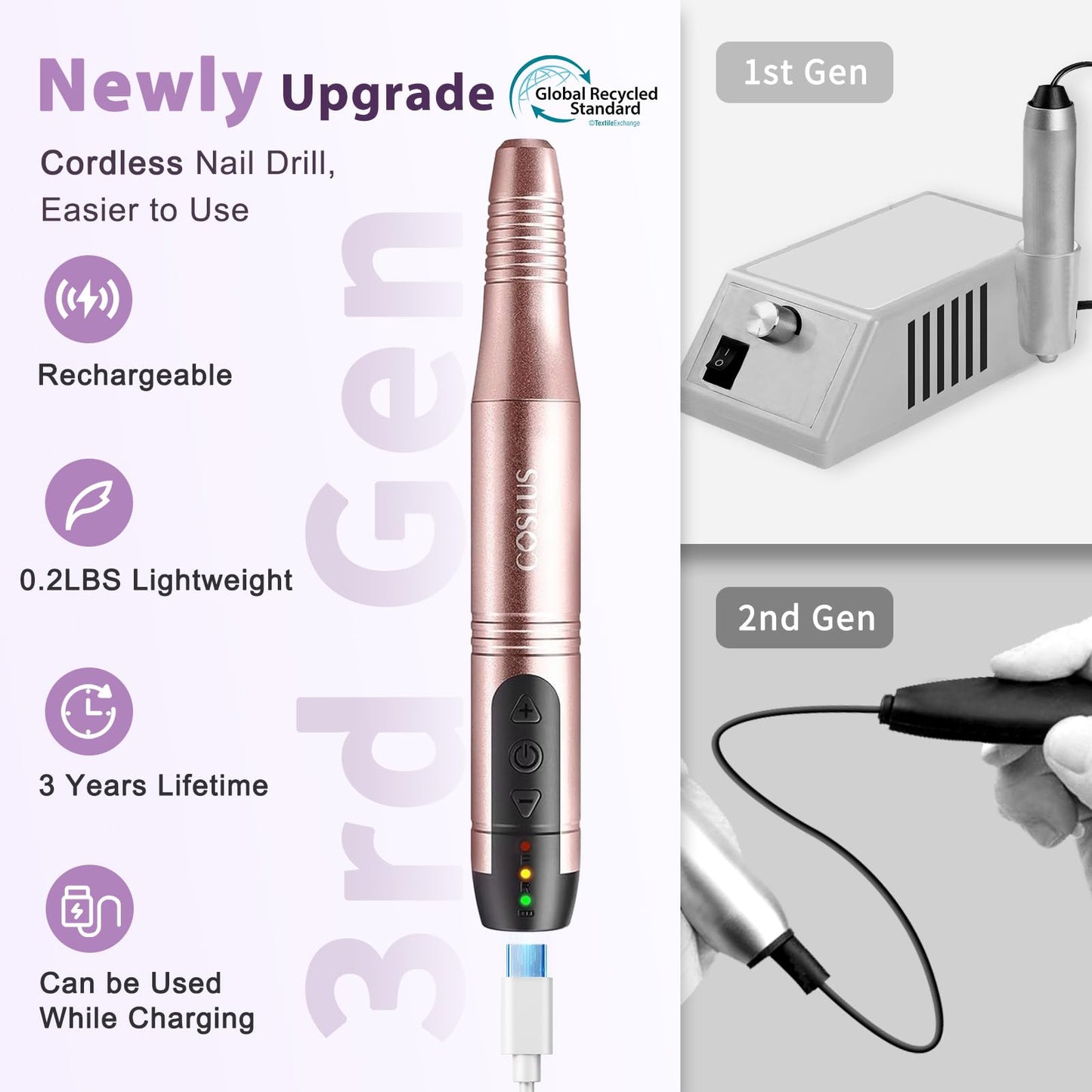 COSLUS C20 Cordless Nail Drill Electric File: Professional for Acrylic Gel Dip Powder Nails, Portable All-in-One Nail Drill Machine Kit for Manicure Beauty and Personal Care COSLUS